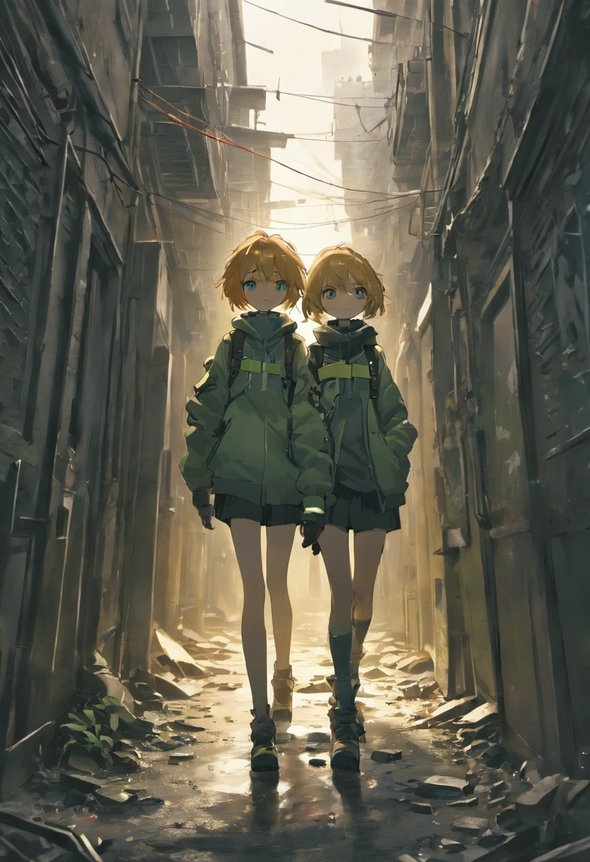 (best quality,4k,8k,highres,masterpiece:1.2),ultra-detailed,(realistic,photorealistic,photo-realistic:1.37),Biohazard suit,Scavenger,Teenager boy and Teenager girl,gas masks,dystopian setting,desolate landscape,polluted air,grim atmosphere,decaying buildings,dark and moody lighting,post-apocalyptic,abandoned city,gritty texture,detail-oriented,hauntingly beautiful,desperation,wide-angle shot,graffiti-covered walls,rubble and debris,overgrown vegetation,worn-out gas masks,tattered clothing,hopeful expression,emotional connection,intense gaze,parallel narratives,storytelling through visuals,muted color palette,subtle hints of red,contrast between light and shadows,ominous clouds,uneven ground,deserted streets,visual tension between characters,broken glass shards,interaction between characters,hidden dangers,an air of mystery
