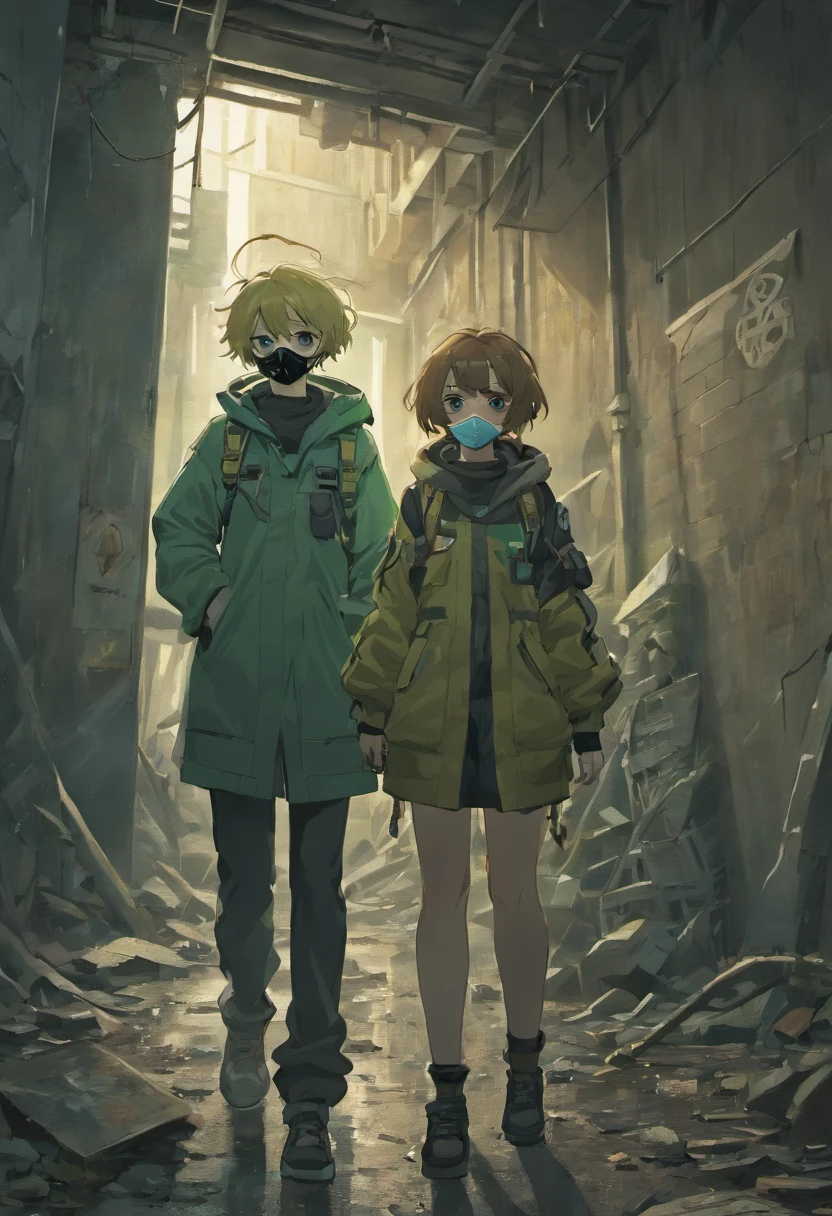 (best quality,4k,8k,highres,masterpiece:1.2),ultra-detailed,(realistic,photorealistic,photo-realistic:1.37),Biohazard suit,Scavenger,ager boy and Teen girl,gas masks,dystopian setting,desolate landscape,polluted air,grim atmosphere,decaying buildings,dark and moody lighting,post-apocalyptic,abandoned city,gritty texture,detail-oriented,hauntingly beautiful,desperation,wide-angle shot,graffiti-covered walls,rubble and debris,overgrown vegetation,worn-out gas masks,tattered clothing,hopeful expression,emotional connection,intense gaze,parallel narratives,storytelling through visuals,muted color palette,subtle hints of red,contrast between light and shadows,ominous clouds,uneven ground,deserted streets,visual tension between characters,broken glass shards,interaction between characters,hidden dangers,an air of mystery