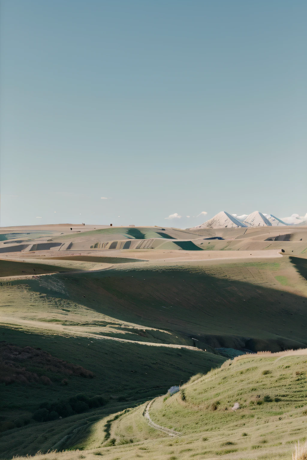 predominantly white nature landscape, hills, buffaalo, no people, no buildings, no ocean, no roads, not so abstract, more flat objects. light blue accents