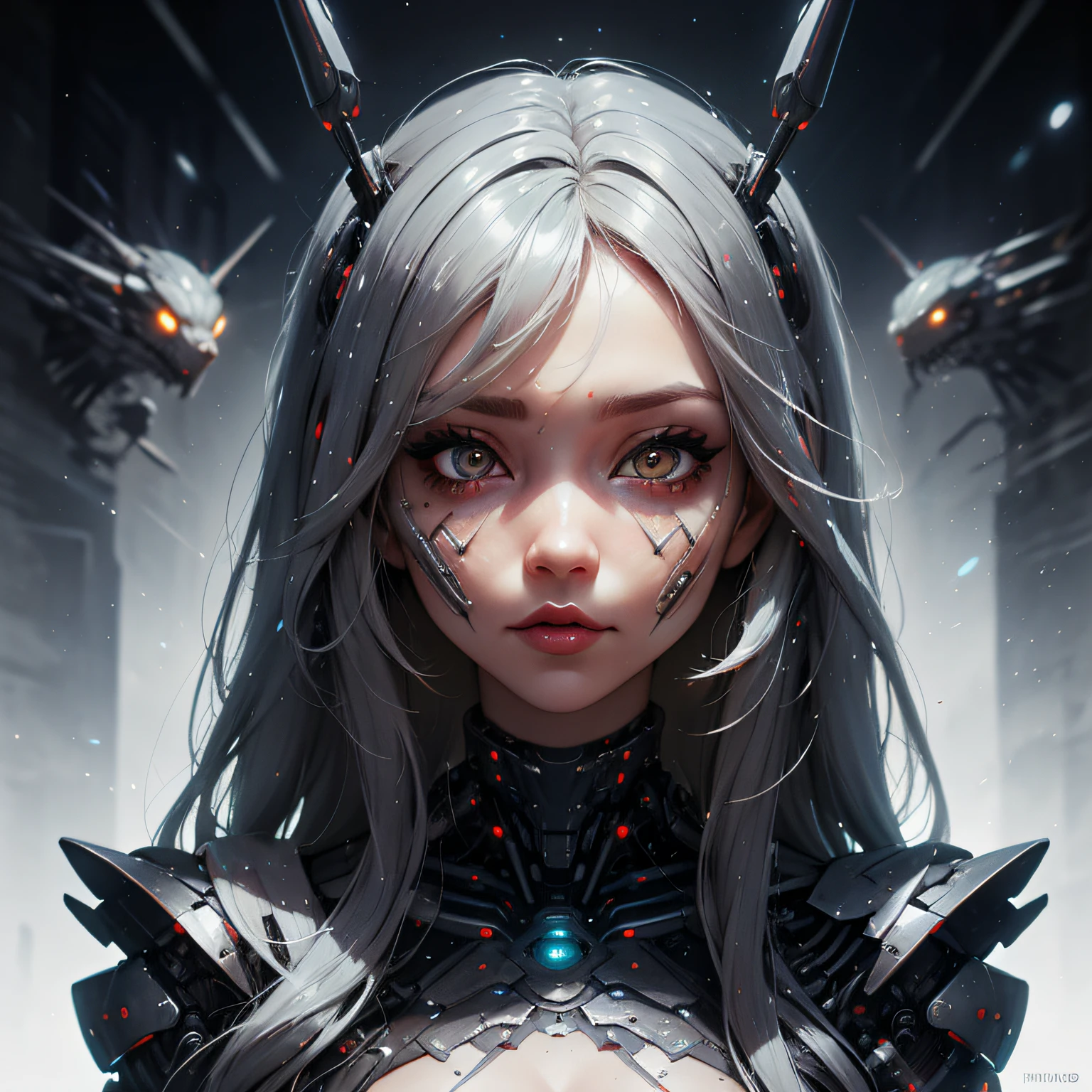 Cute futuristic sci-fi cyborg, cosmico  ""fundo olhos  pupila de cobra e capacete naja cobra foco afiado deslumbrante rosto bonito"" Real Majestoso Real, Cabelo comprido bonito, Intrinsic Detail Facial Features, tez lisa de porcelina, olhos brilhantes realistas perfeitos, Clear symmetrical parrallel pupils, High Resolution High Definition