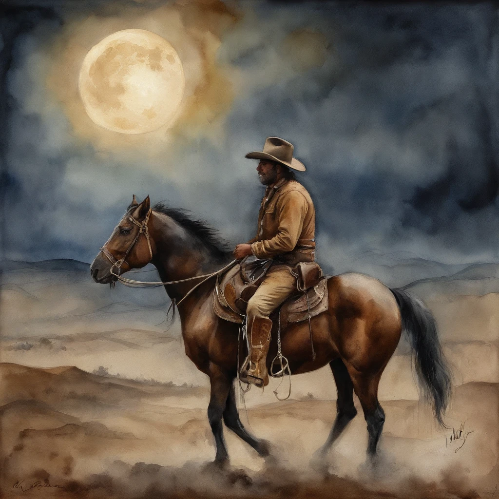 There is a man on a horse in front of a full moon, Andar a cavalo na lua, vaqueiro, Cowboy na Faixa, Back photo of a cowboy, No Velho Oeste, O Cowboy no Estranho Oeste, Velho Oeste, Lone guard, sonho de vaqueiro, quadrinhos ocidentais inspirados, lonely rider, Directed by: Cindy Wright, space western, Fotografia Moonwalker