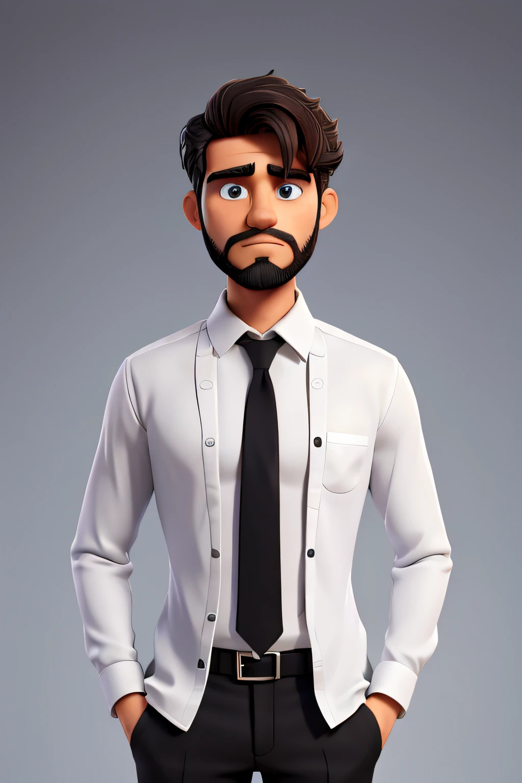 Um jovem homem com barba, in a black suit with white button-down dress shirt. bonito, barba, com cabelo preto, with a serious face.