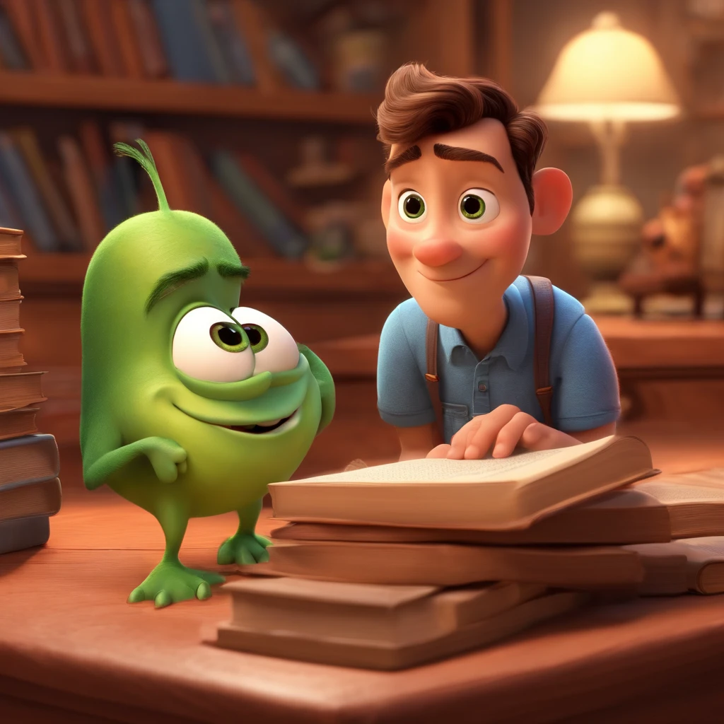 fundo branco, pixar desenhos animados 3D, homem lendo um livro, ::estilo pixar cartoon