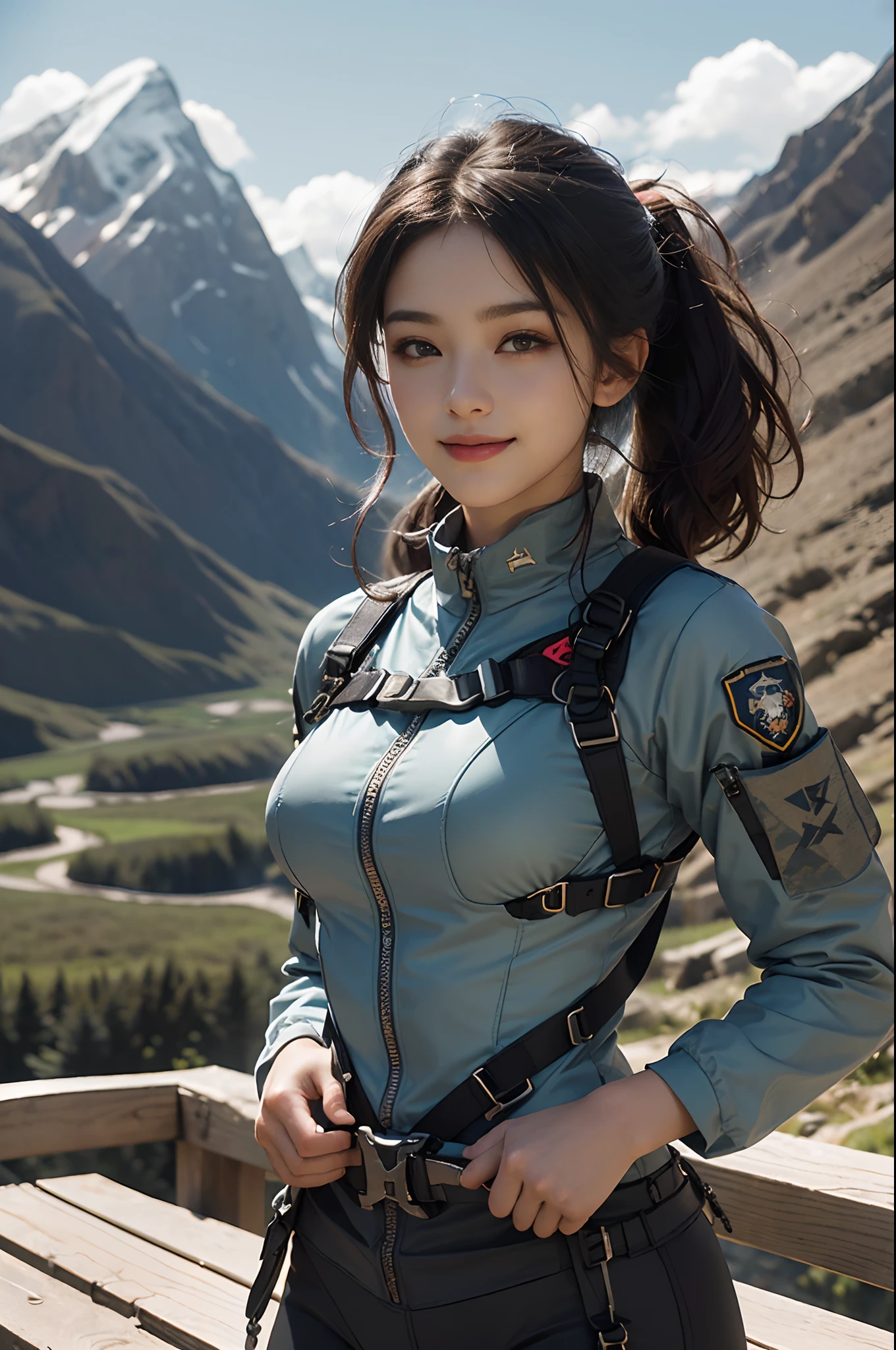 (Highest image quality, outstanding details, ultra-high resolution), 1 girl, wearing futuristic military outfit((inspired by yoga wear and outdoor mountain wear, military harness, military gears such as pouches)), (glamour body:1.2, buffed and muscular body), (a bit chubby:0.5), background military base, mild smile, dynamic pose, dramatic lighting, full body