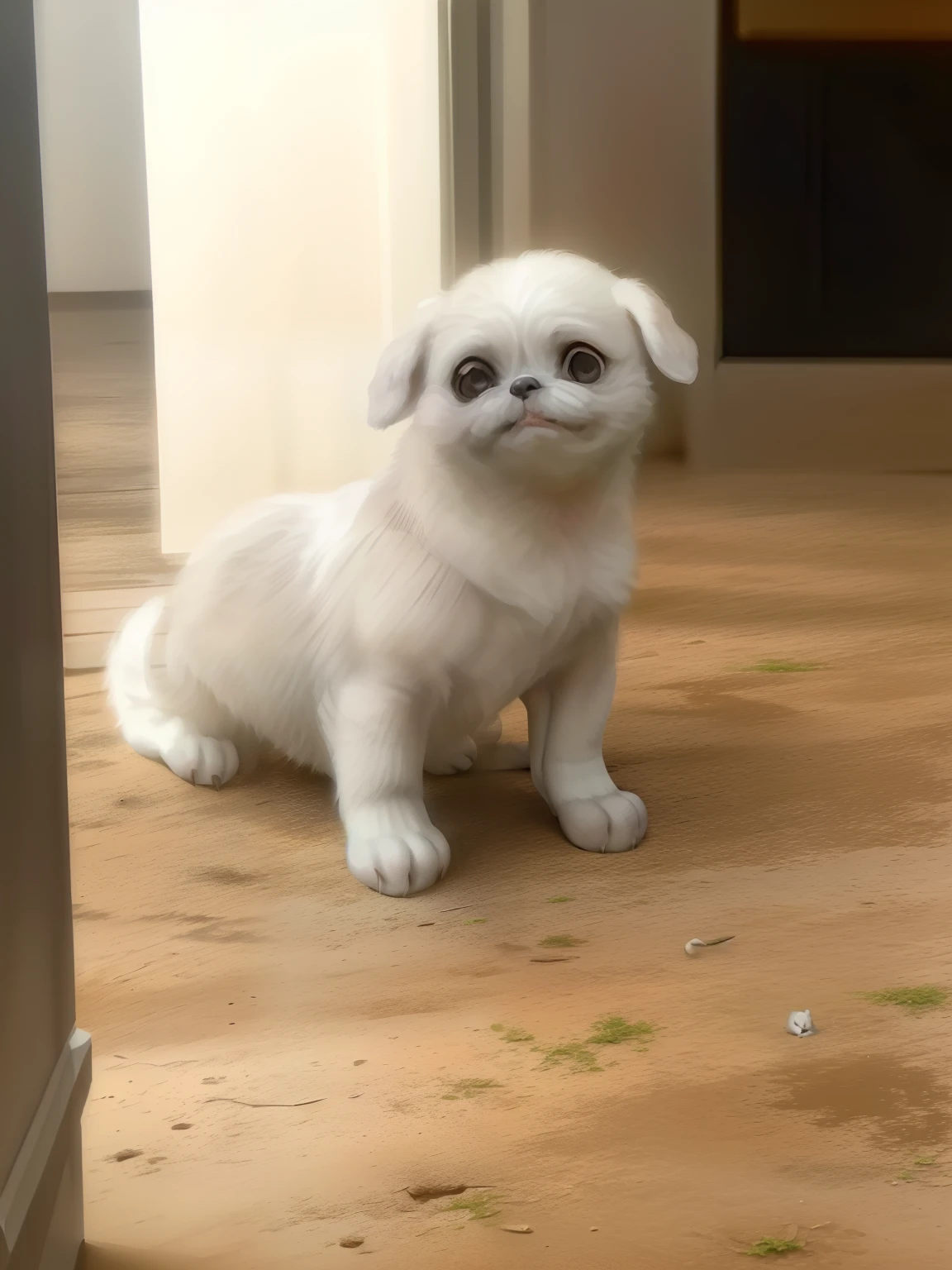 There's a little white dog sitting on the floor in the kitchen, Shih Tzu, small white dog at her side, olhar orgulhoso, Shui Mo Hua, orgulhoso olhando para longe, 2 anos, atordoante!, Dog cute, an afghan male type, muito bobo olhando, bonito, small dog, muito feliz, olhar reto, reduzido, olhando bonito