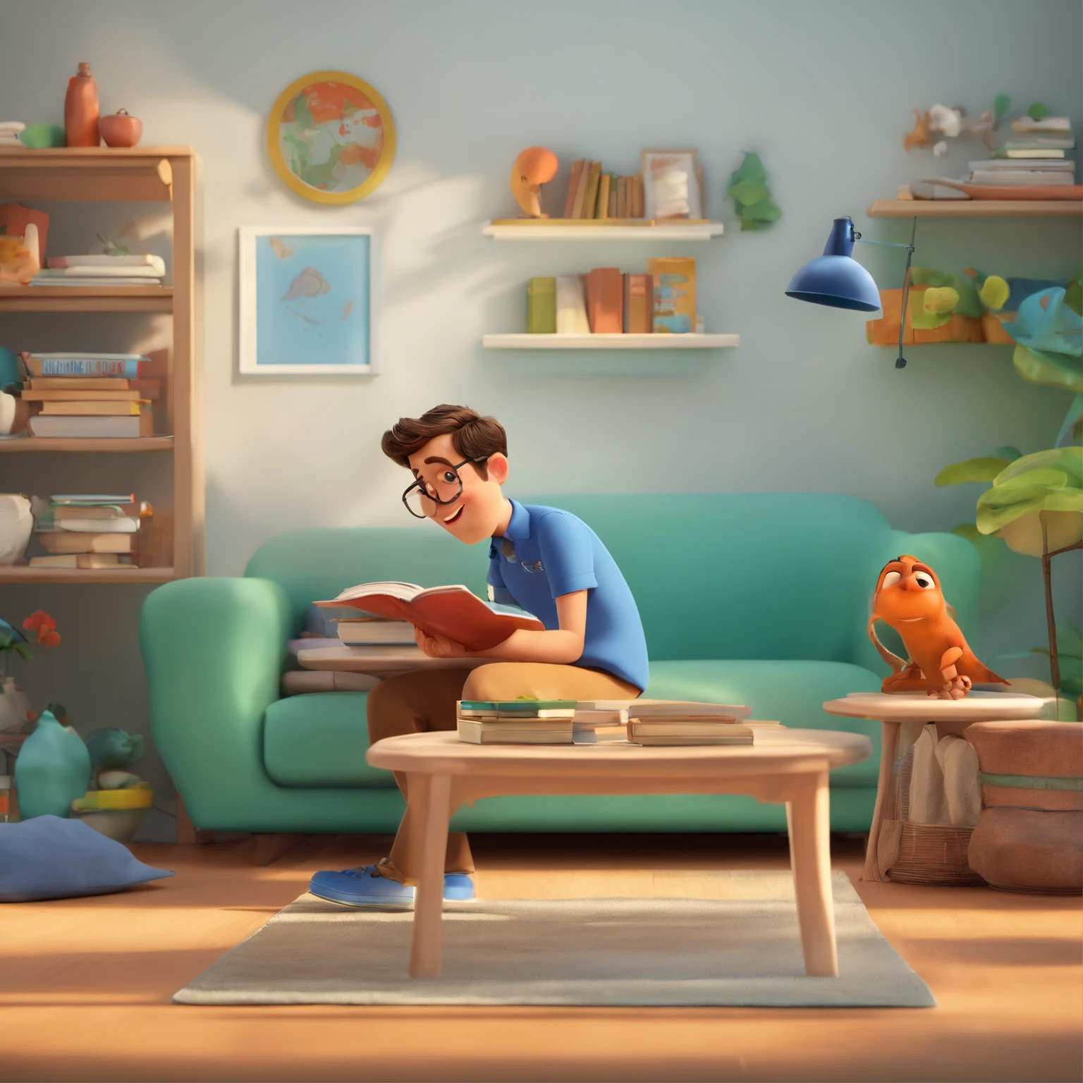 fundo branco, pixar desenhos animados 3D, homem lendo um livro, ::estilo pixar cartoon