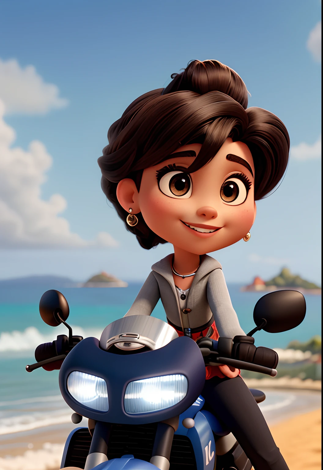 Disney Pixar apresenta uma garota chamada Patricia com cabelo preto na altura dos ombros, She is elegant and has dark brown eyes. It's up on a grey sports bike next to a view of the beach. sempre sorrindo
