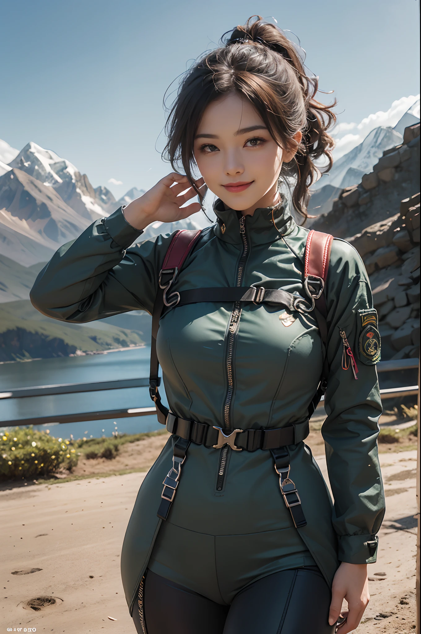 (Highest image quality, outstanding details, ultra-high resolution), 1 girl, wearing futuristic military outfit((inspired by yoga wear and outdoor mountain wear, military harness, military gears such as pouches)), (glamour body:1.2, buffed and muscular body), (a bit chubby:0.5), background military base, mild smile, dynamic pose, dramatic lighting, full body