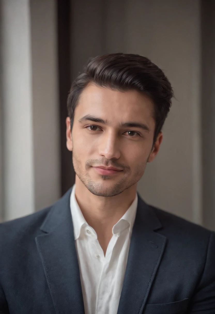 Portrait of handsome man 30 years oval face cinematic appearance、Camisa branca e jaqueta com gola、looking at the camera, hispanic, smiling, cheerful, black hair, blazer, white shirt, dark black chair