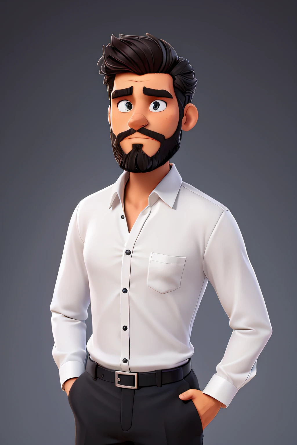 master part, Excelente, (s office: 1.5), Desenho CG com super alto detalhe, Handsome, cara fria, no expression,, (um homem careca, com barba,  terno preto,camisa preta, black pants, sapatos de couro, a little slag: 1.8),, Dentro do gabinete do presidente, luxuoso, sentado em uma cadeira, facing the audience, Illustrations
