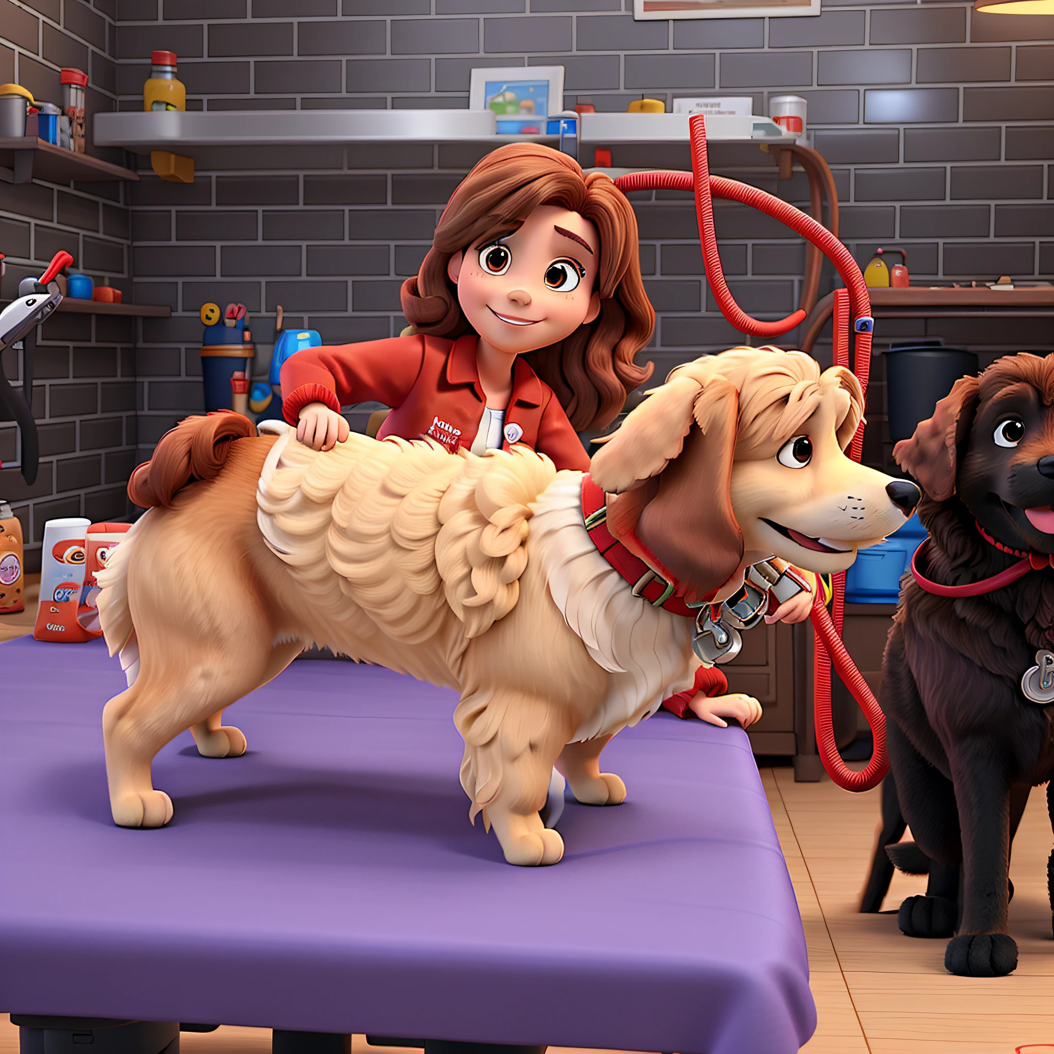 A brown-haired woman in a red lab coat smiling and holding the poodle dog's tail with one hand and a pair of disney pixar-style grooming scissors with the other, The background is a Disney Pixar-style pet shop, alta qualidade, melhor qualidade