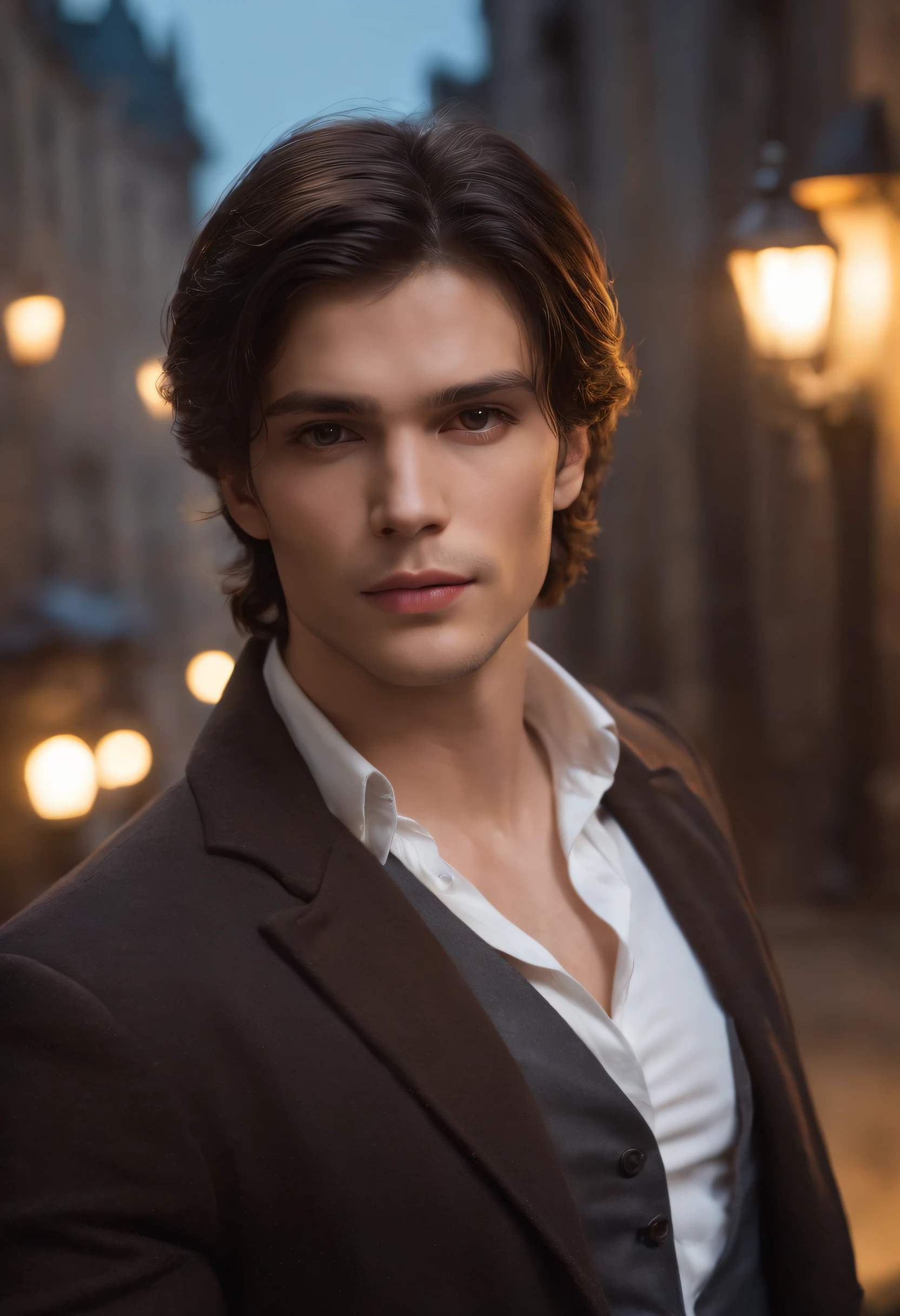 best quality,ultra-detailed,realistic:1.37,Tiago Herondale,beautiful detailed eyes,beautiful detailed lips,longeyelashes,dark hair,tall and fit,strong and muscular build,piercing gaze,mysterious aura,dressed in black,holding a seraph blade,background of a gothic city,moonlit night,torchlit alleyway,vivid colors,photorealistic,concept artists style,dramatic lighting