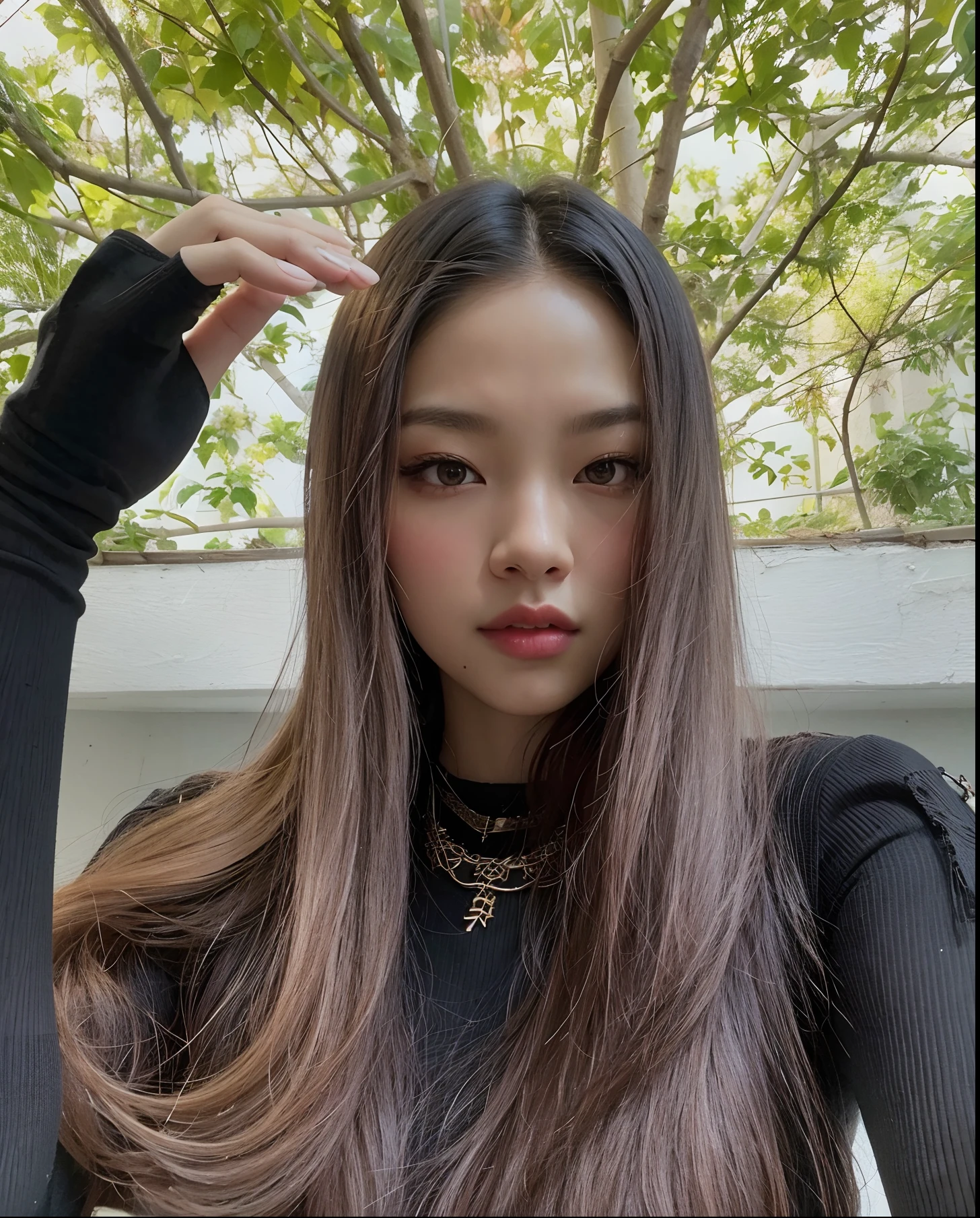 Arafed asian woman with long hair and a black top, com cabelos longos, jennie blackpink, Retrato de Jossi de Blackpink, jossi do blackpink, Asian girl with long hair, Jaeyeon Nam, O corte Hime, Gongbi, Heonhwa Choe, Parque Roseanne do Blackpink, com cabelos longos brancos, taken in the early 2020s