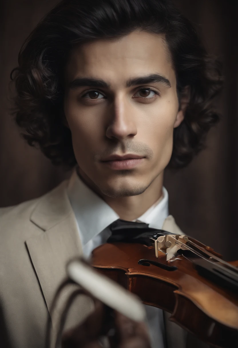 A realistic image of a male musician with black hair, brown eyes and straight brown hair playing a classical violin solo with an orchestra around him. Shot from a low angle to capture the feeling of nostalgia and beauty.