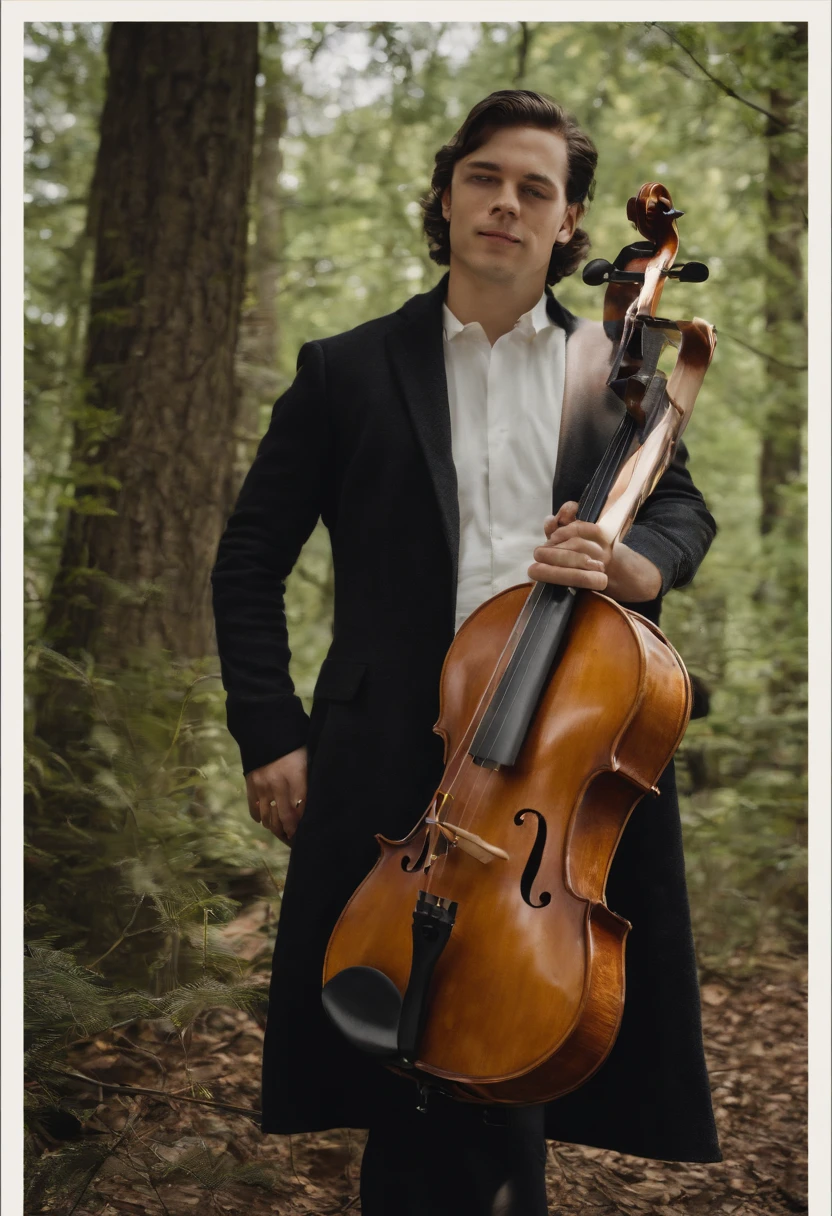 A realistic image of a male musician with black hair, brown eyes and straight brown hair playing a classical violin solo with an orchestra around him. Shot from a low angle to capture the feeling of nostalgia and beauty.