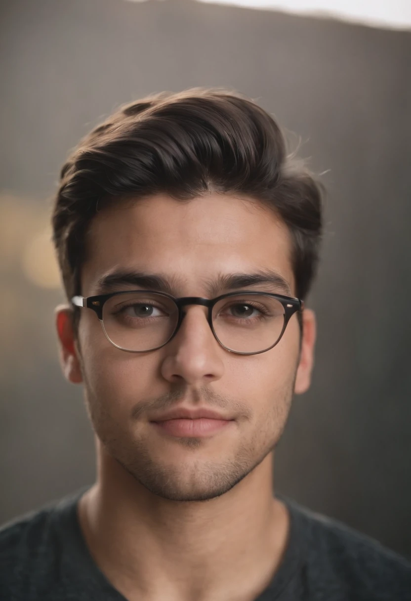 Homem brasileiro de 24 anos, barbudo, pardo, cabelo cacheado baixo, boca definida, eyeglass, nerd, olhos grandes redondos, sobrancelha um pouco grossa, tecnologico