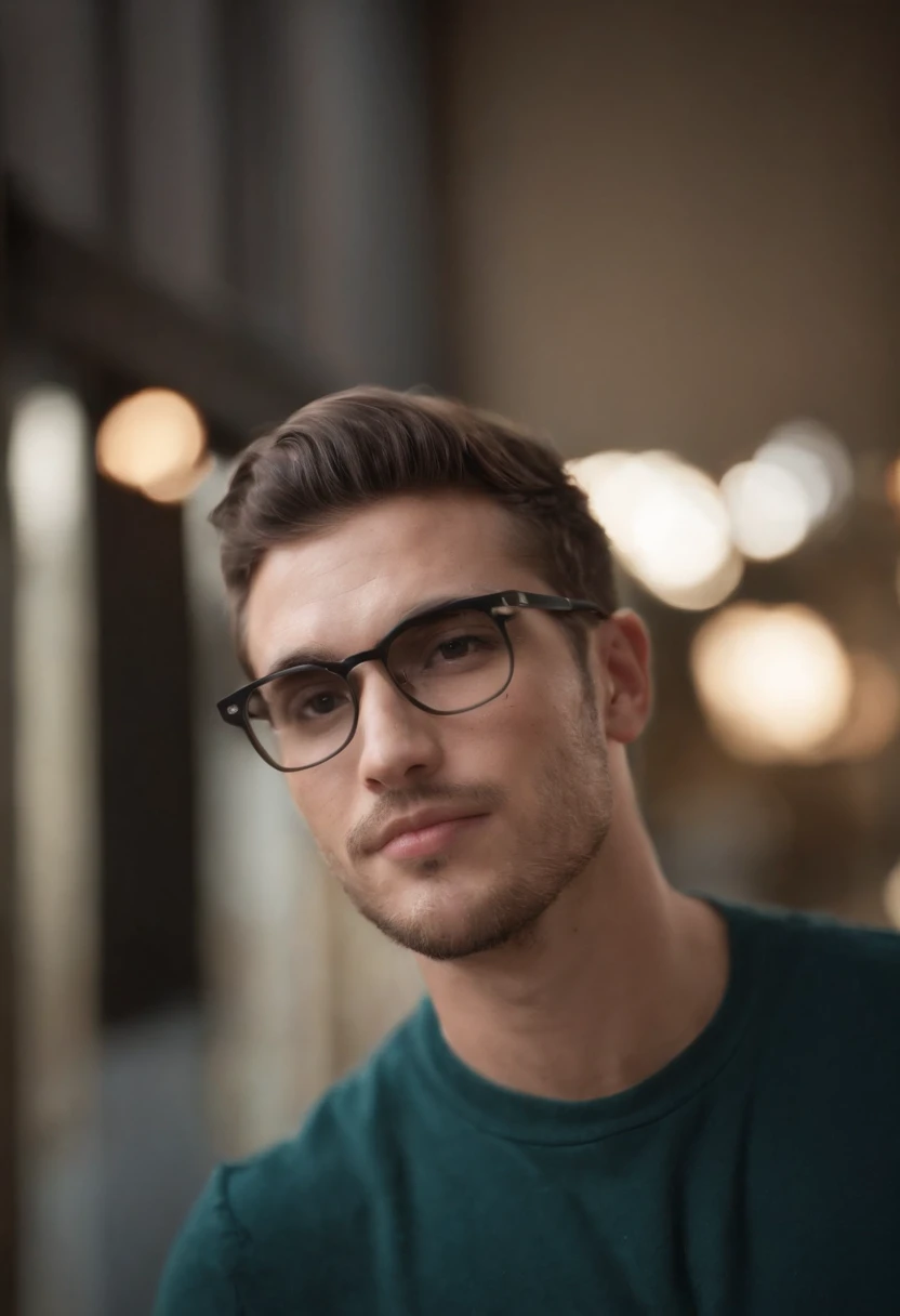 Homem brasileiro de 24 anos, barbudo, pardo, cabelo cacheado baixo, boca definida, eyeglass, nerd, olhos grandes redondos, sobrancelha um pouco grossa, tecnologico