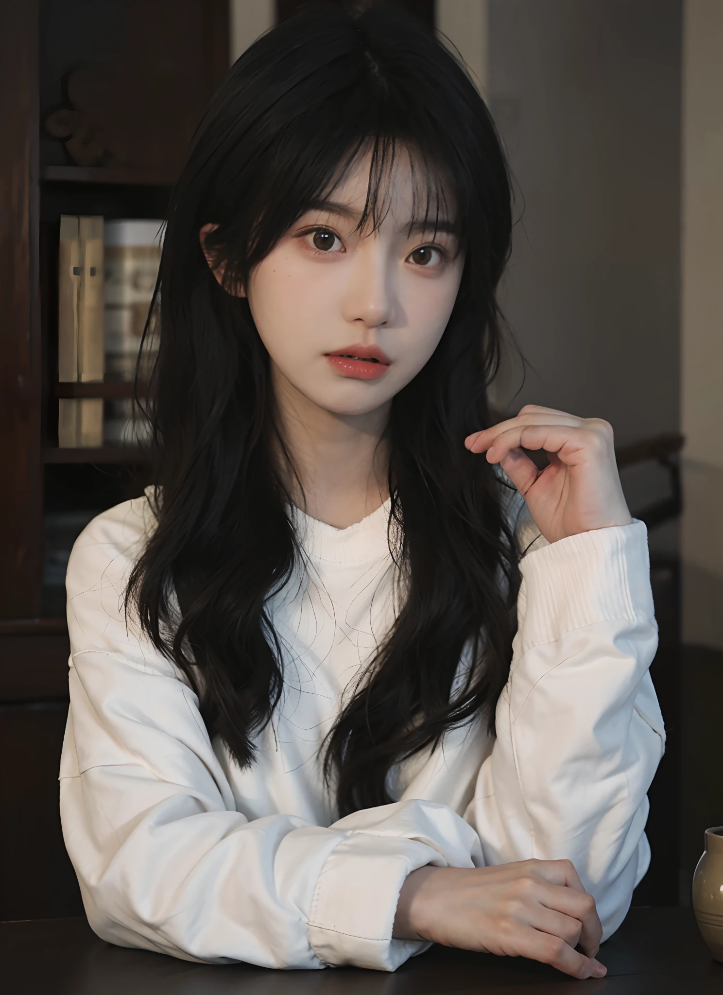 best qualtiy, 超高分辨率, (realisticlying:1.4), A woman with long black hair and a gray sweater, 中景 the scene is,Soft portrait shot 8 K, pale round face, with round face, She has black hair,By bangs, young lovely Korean faces, wan adorable korean face, ulzzangs, Shin Jinying, beautiful aesthetic face, Korean face features, soft round face, iu lee ji-eun as a super villain, Beautiful realistic face