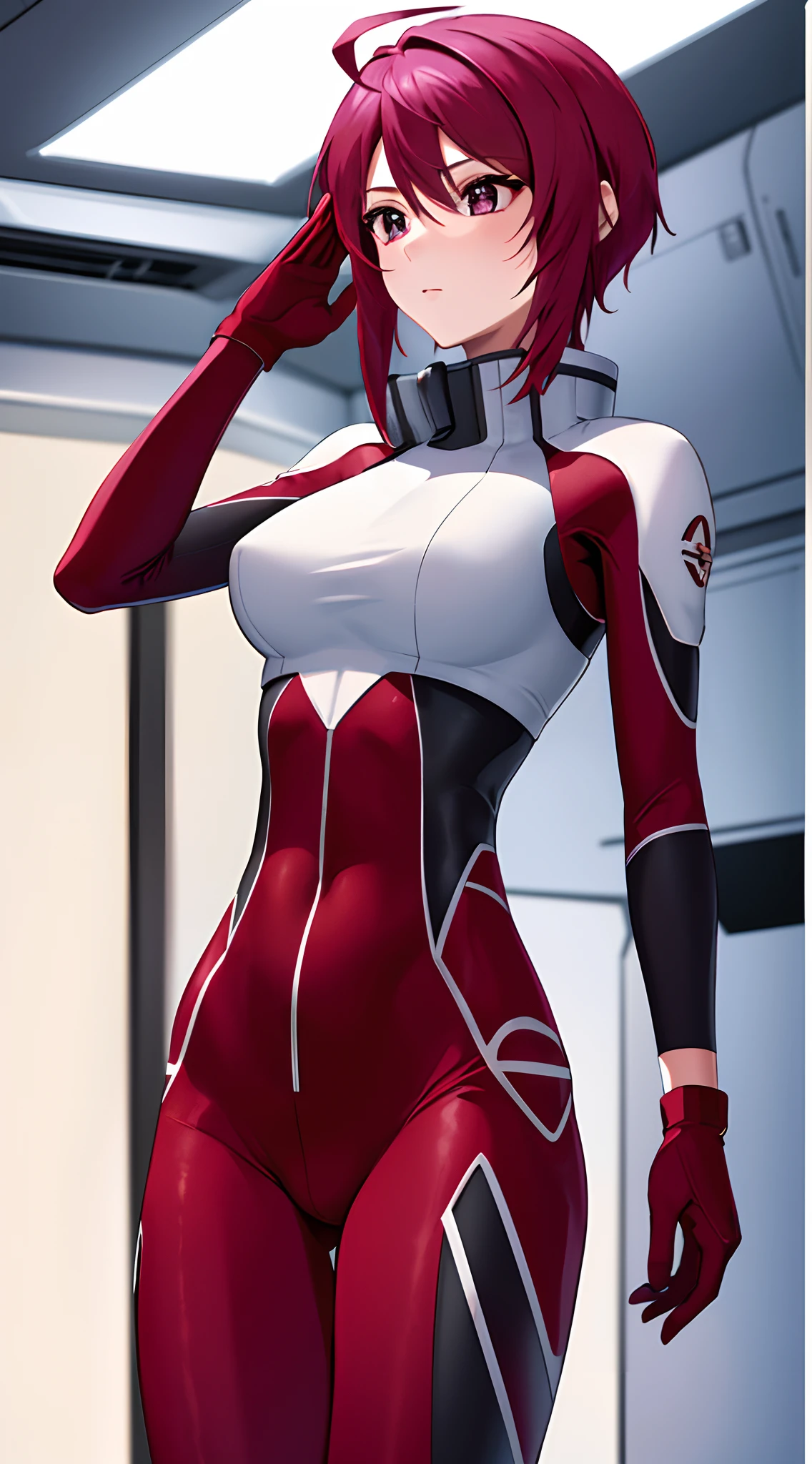 masterpiece, top-quality, hight resolution, 1girl in, 独奏, shorth hair, Ahoge, red hairs, a purple eye, purple color hair, pilotsuit, gloves, cowboy shot, is standing, spaceships, Indoors, saluting,