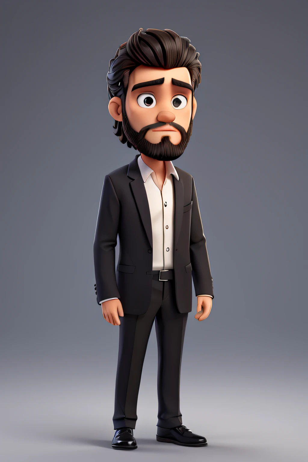 Um jovem homem com barba, in a black dress suit with white button-down dress shirt. Beautiful-looking, De barba, com cabelo preto, with a serious face.