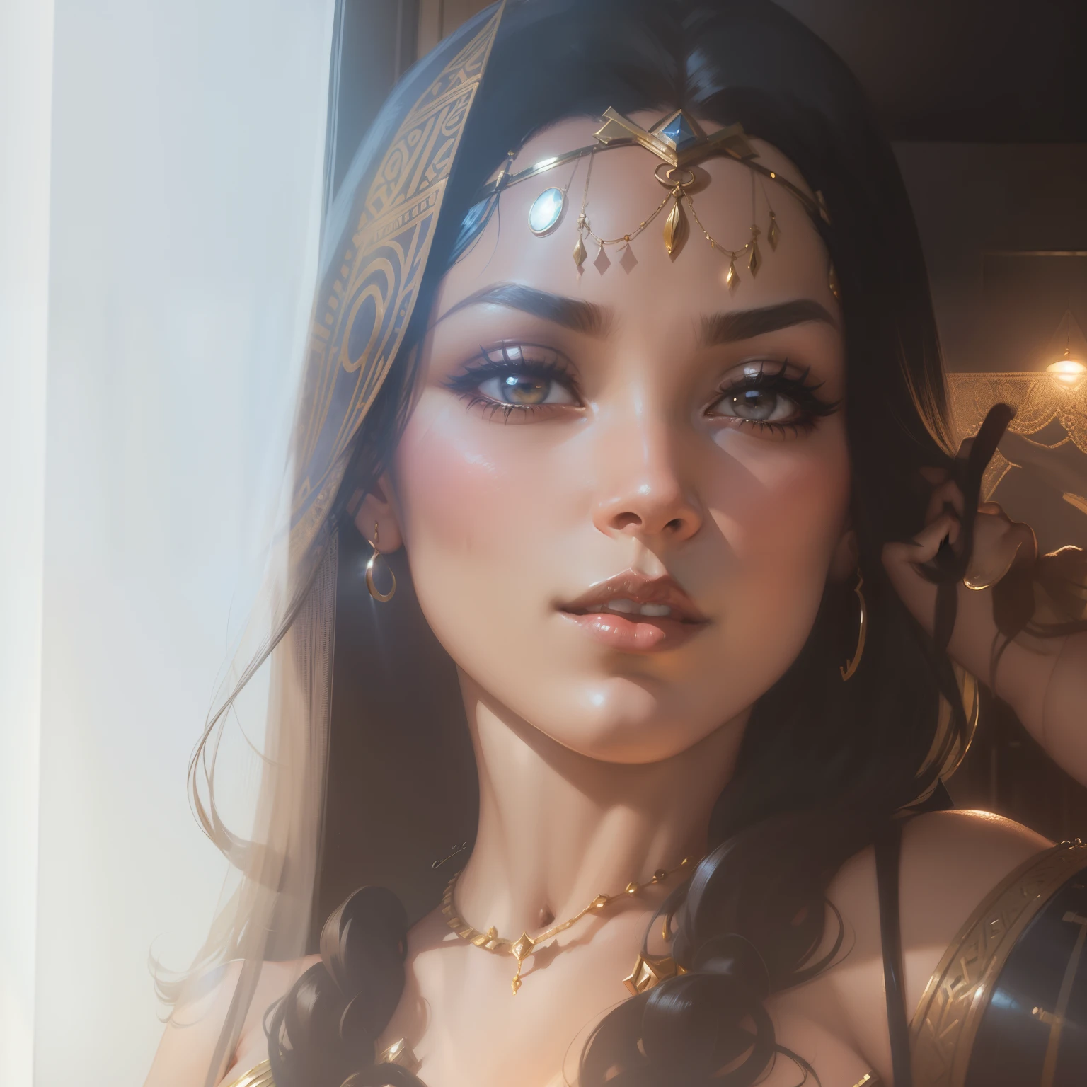 Mia Khalifa, ((Beautiful milf)), hourglass figure, enormous breasts, big hips, brown eyes, black hair, seductive face, brown dress, tan skin, sanctuary, masterpiece, best quality, ultra detailed, realistic