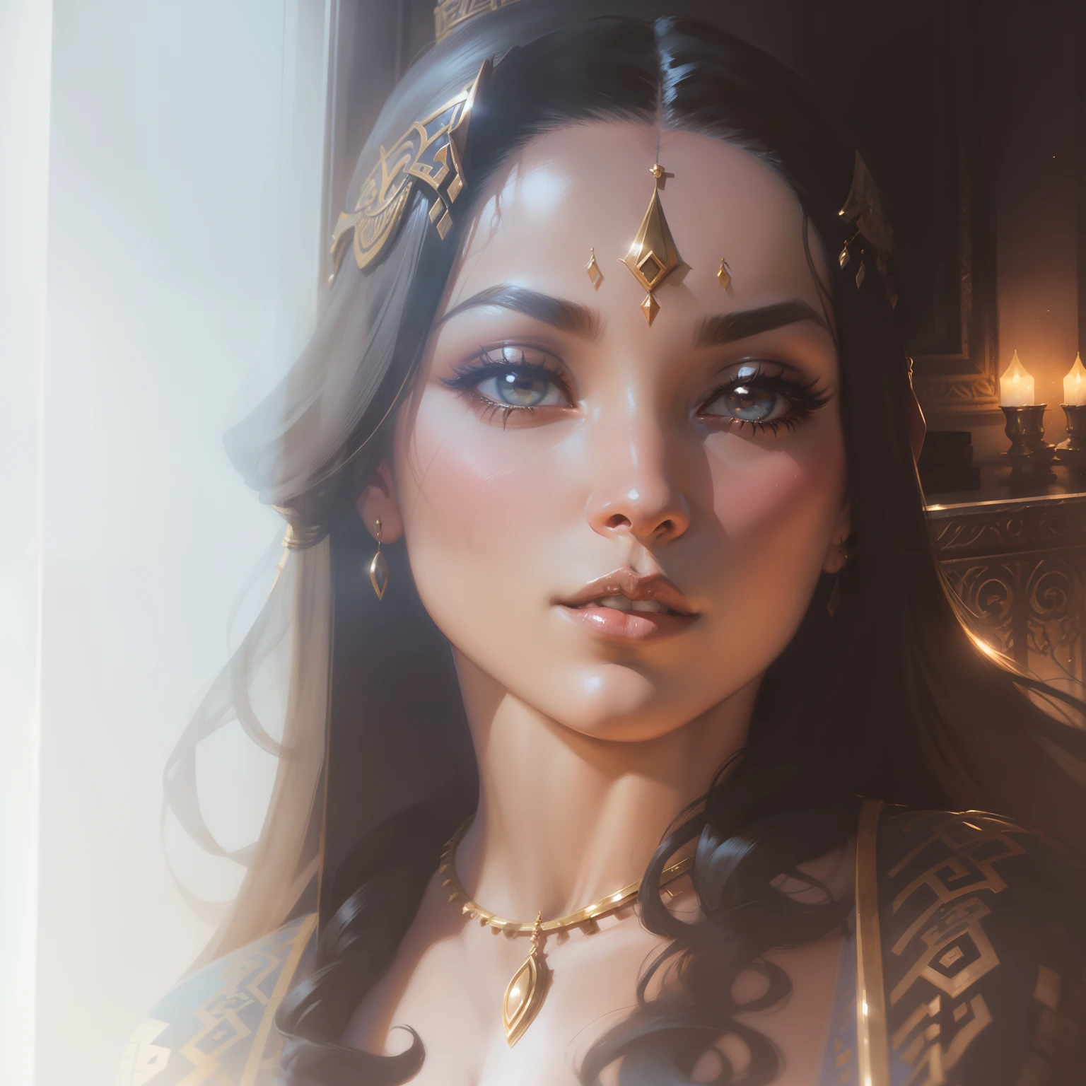 Arte detalhista estilo John Buscema, cleopatrah,the princess of the Nile stands in front of the window of her chambers enjoying the moonlight, voluptuosa, sedutora, Egito antigo, muito linda, seios grandes