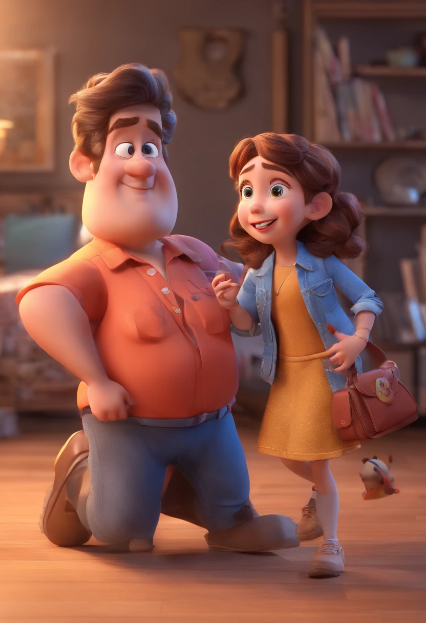 Pixar style: the adult woman, brunette, chubby, long hair, dark eyes is holding a 3 girl with gray eyes and in the other hand she is holding a cellphone, 3d poster,disney