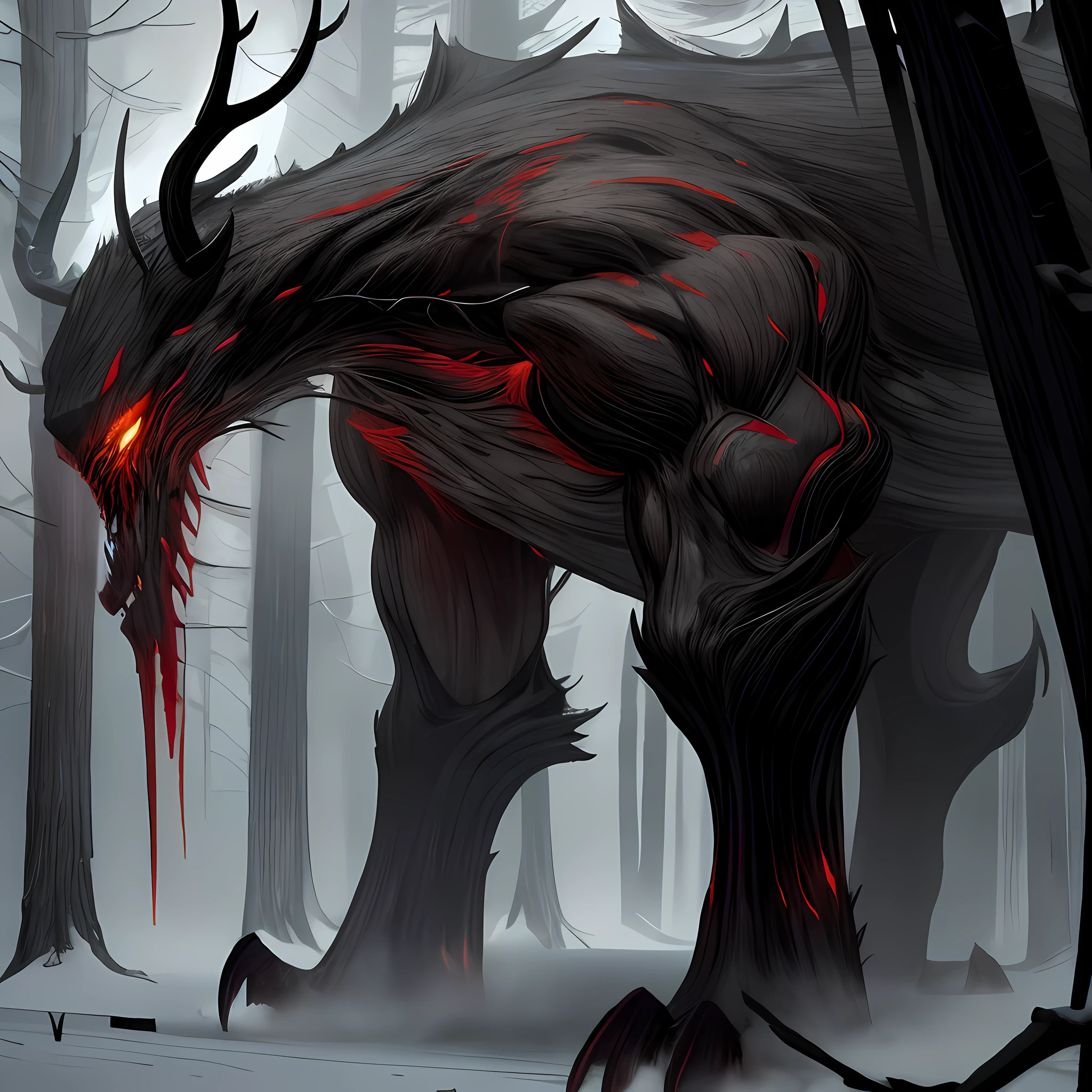 (masterpiece:1.2, best quality:1.2, 2D:1.2, sharp:1.2), (hotify), perfect anatomy, perfect eyes, perfect background, (solo, full body shot), (dusk_environment), (forest), beautiful shadows and lights, volumetric lights, canine skull face, wendigo, open mouth, long tongue, tail, feet, paws, claws, fangs, antlers, bloody fur, bloody hands, bloody mouth, black fur, white eyes, glowing eyes, deep red skin, nsfw, massive ass, massive thighs, massive penis, erection, massive testicles, male,
