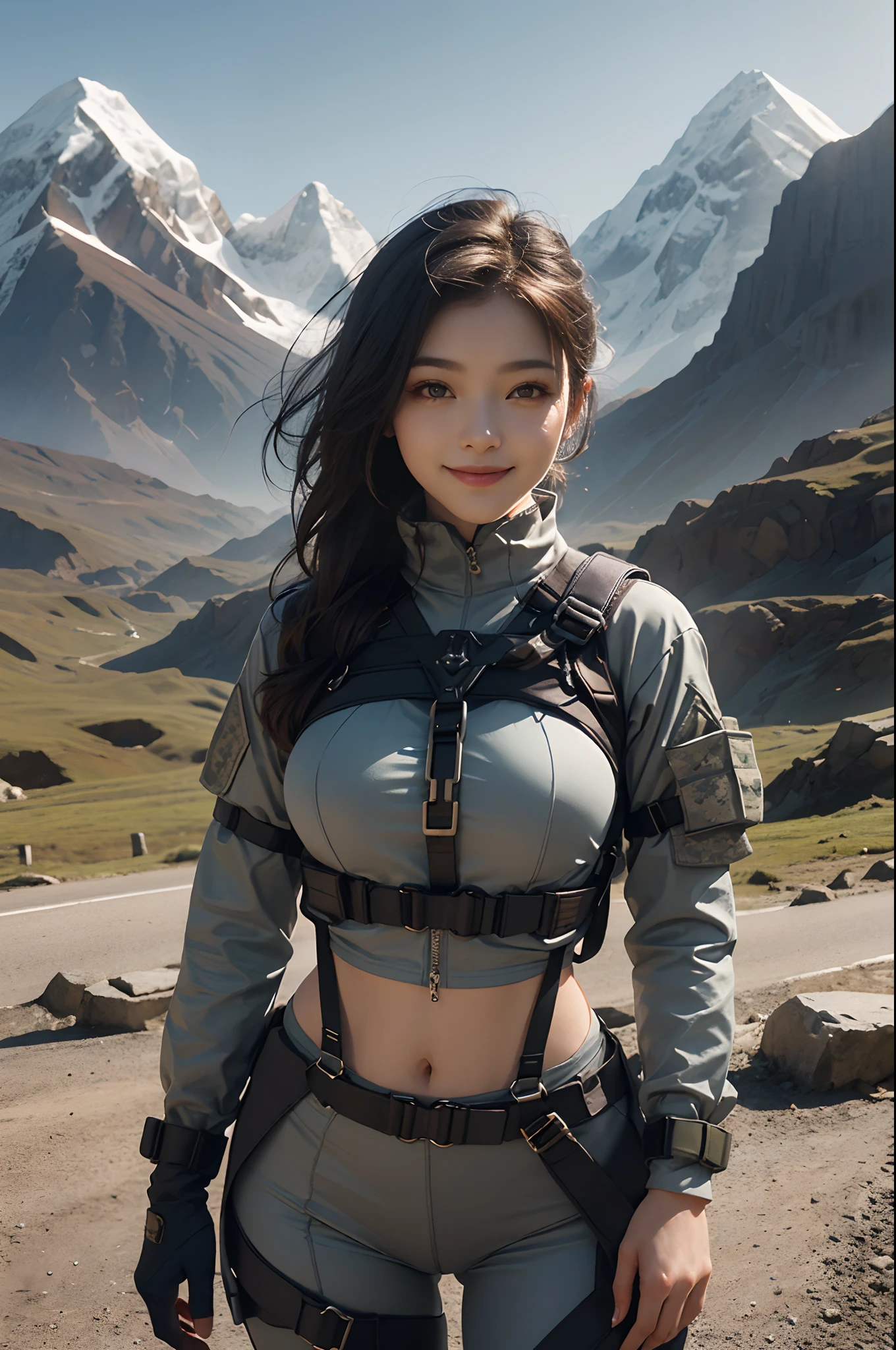 (Highest image quality, outstanding details, ultra-high resolution), 1 girl, wearing futuristic military outfit((inspired by yoga wear and outdoor mountain wear, military harness, military gears such as pouches)), (glamour body:1.2, buffed and muscular body), (a bit chubby:0.5), background military base, mild smile, dynamic pose, dramatic lighting, full body