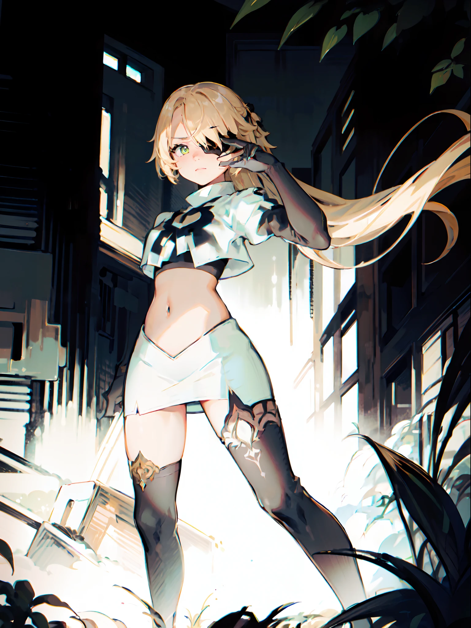 fischl (genshin impact), green eyes, (white pupils:1.2), fischl (genshin impact), medium_breasts, blonde hair, eyepatch, long hair,hair over one eye,1girl,team rocket,team rocket uniform,white skirt,crop top,black thigh-highs,black elbow gloves,