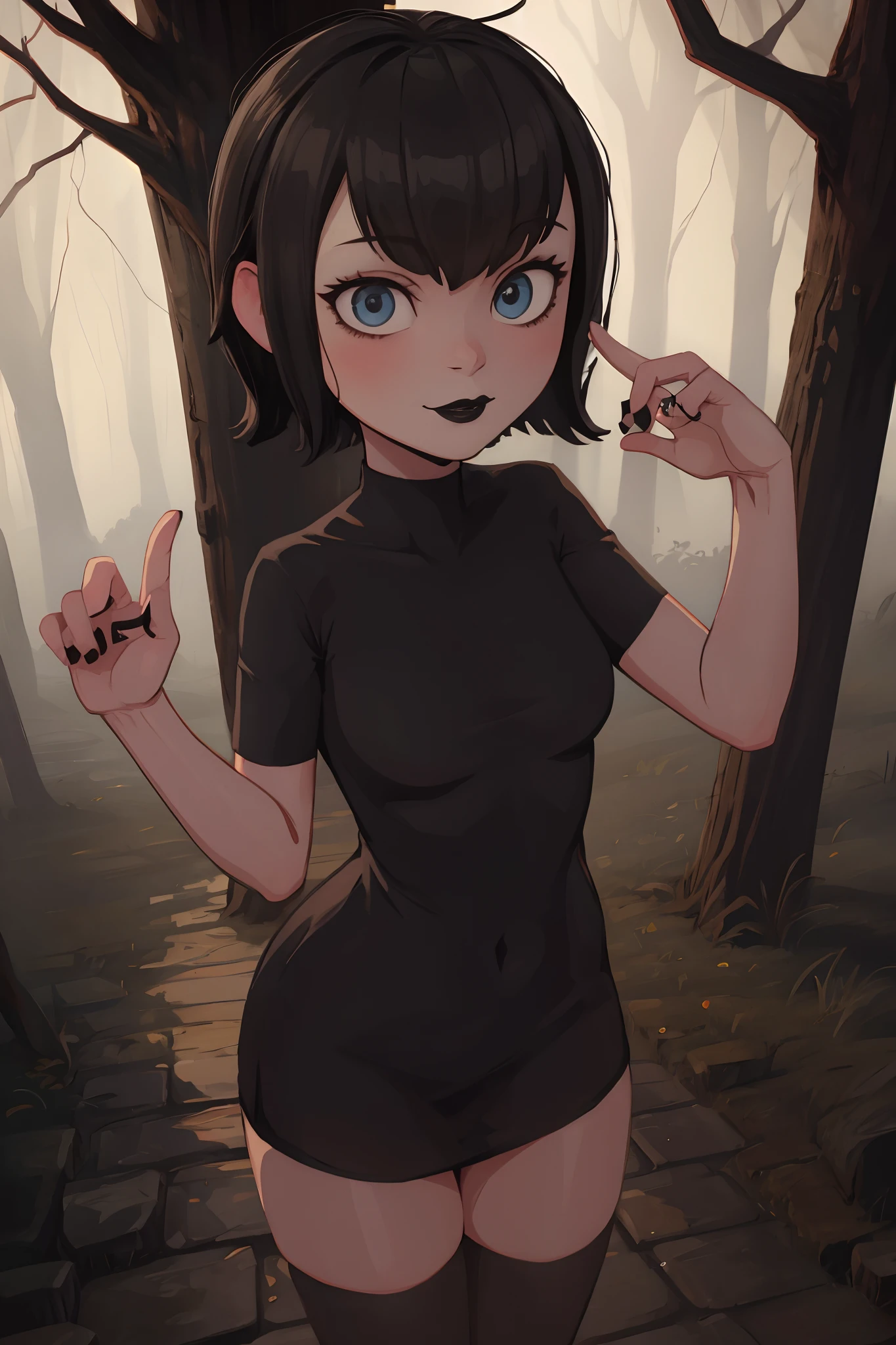 Mavis, head, standing in woods, black lipstick, cute