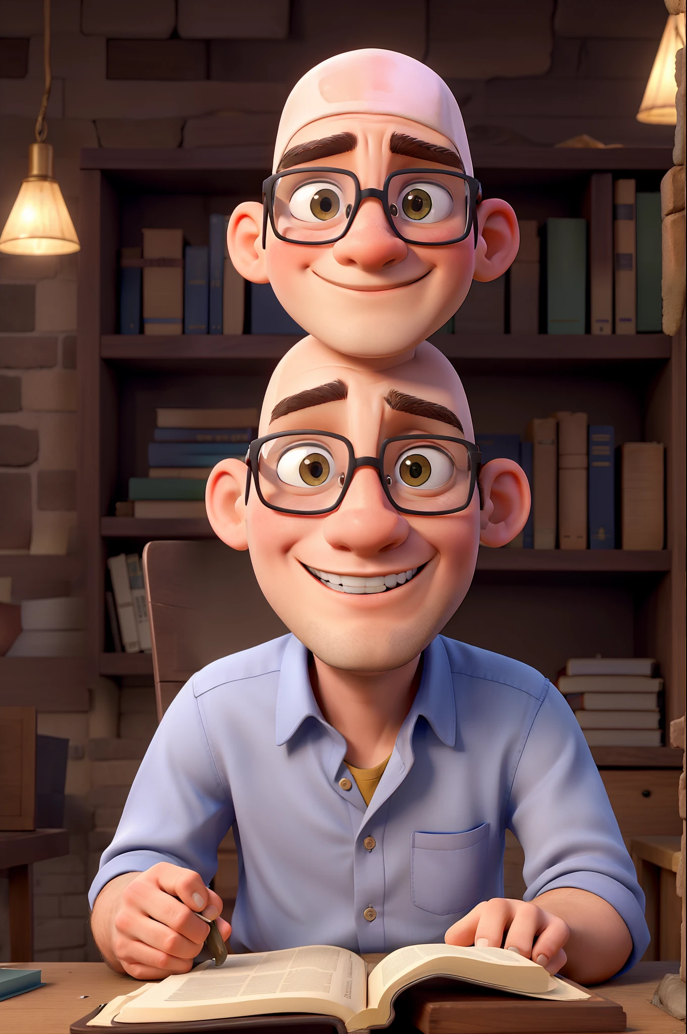 obra prima, de melhor qualidade, A young, bald bulging-eyed evangelist wearing square glasses, sitting in your library reading the Bible