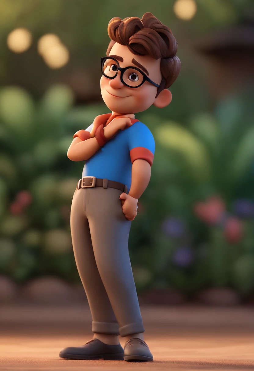 Cartoon character of a man wearing black glasses and a blue shirt, um personagem animado, Caractere estilizado, animation style rendering, 3D estilizado, Arnold Maya render, 3 d render stylized, toon render keyshot, Personagem 3D, Personagem 3D, 3d rendering stylized, 3 d character render, personagem de desenho animado, Personagem de close up, Pose de personagem, (Estilo Pixar) (master part:1.2) (Bokeh) (best quality) (pele detalhada) (textura detalhada) (8k) (argila) (Cinematic lighting) (foco nítido，Senta e vaza a parte superior do corpo