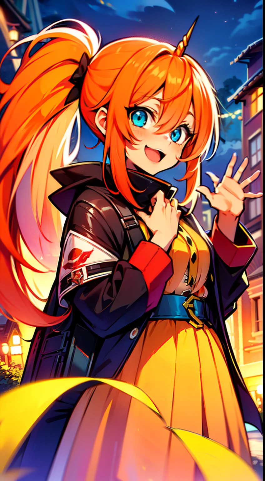 (masutepiece), of the highest quality, Expressive eyes, Perfect face, (Illustration: 1.4),
  (Red skin: 1.8), (Unicorn  with one yellow horn: 1.5, 14 years old: 1.3), (Very long red side ponytail: 1.2, Orange inner hair), (Medium : 1.3), (drooping eyes: 1.5, Heterochromia: 1.2, Yellow eyes, Blue eyes), (Wink, Childlike smile, Open mouth, tusk),
(Halloween, Ghost Costume), (waving at viewer), Night, Town, dynamic compositions