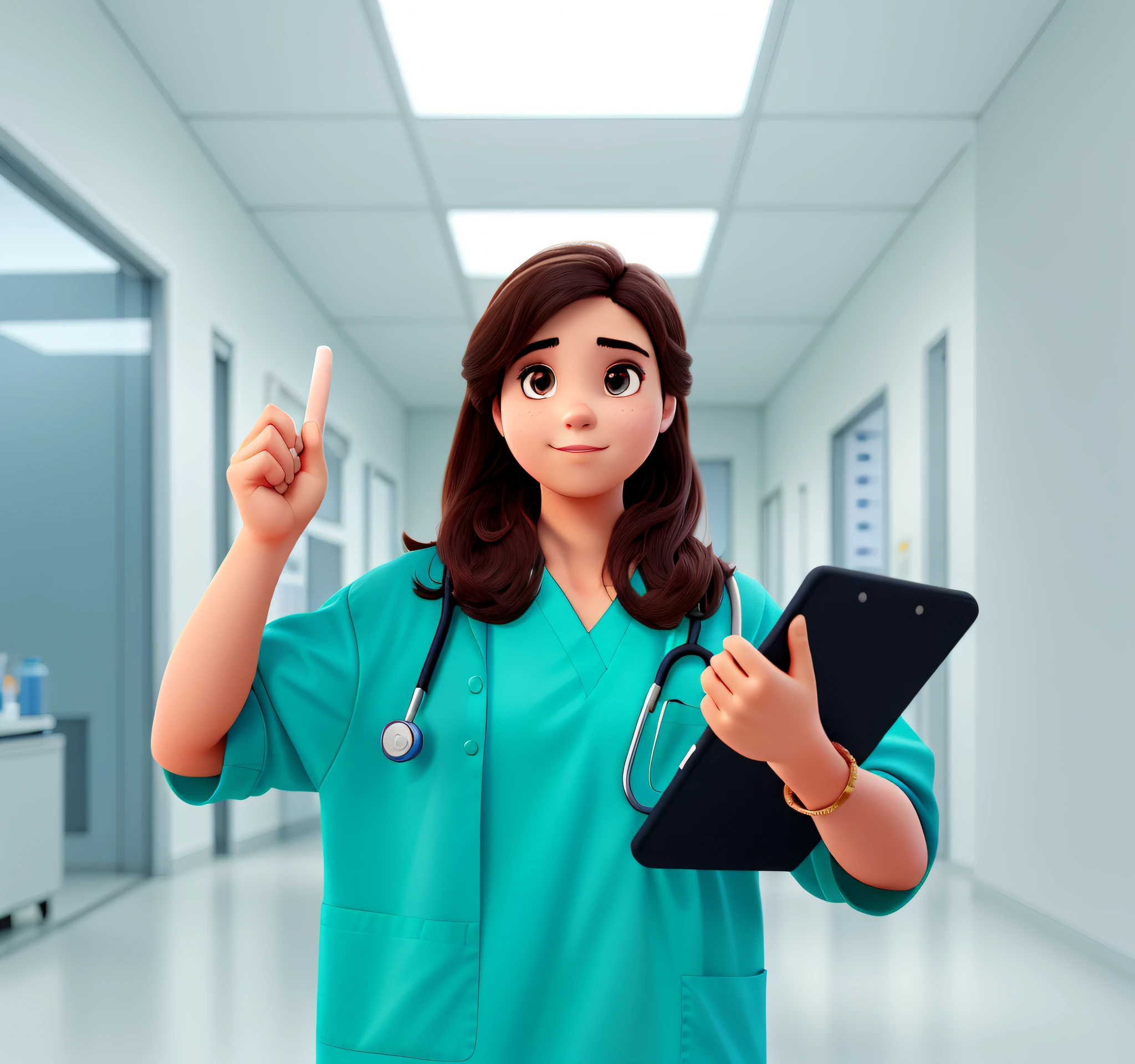 A young nursing student with a stethoscope, Standing stop, iluminada pela luz do teto, against the backdrop of an anatomy lab, estilo Disney Pixar, alta qualidade, melhor qualidade.
