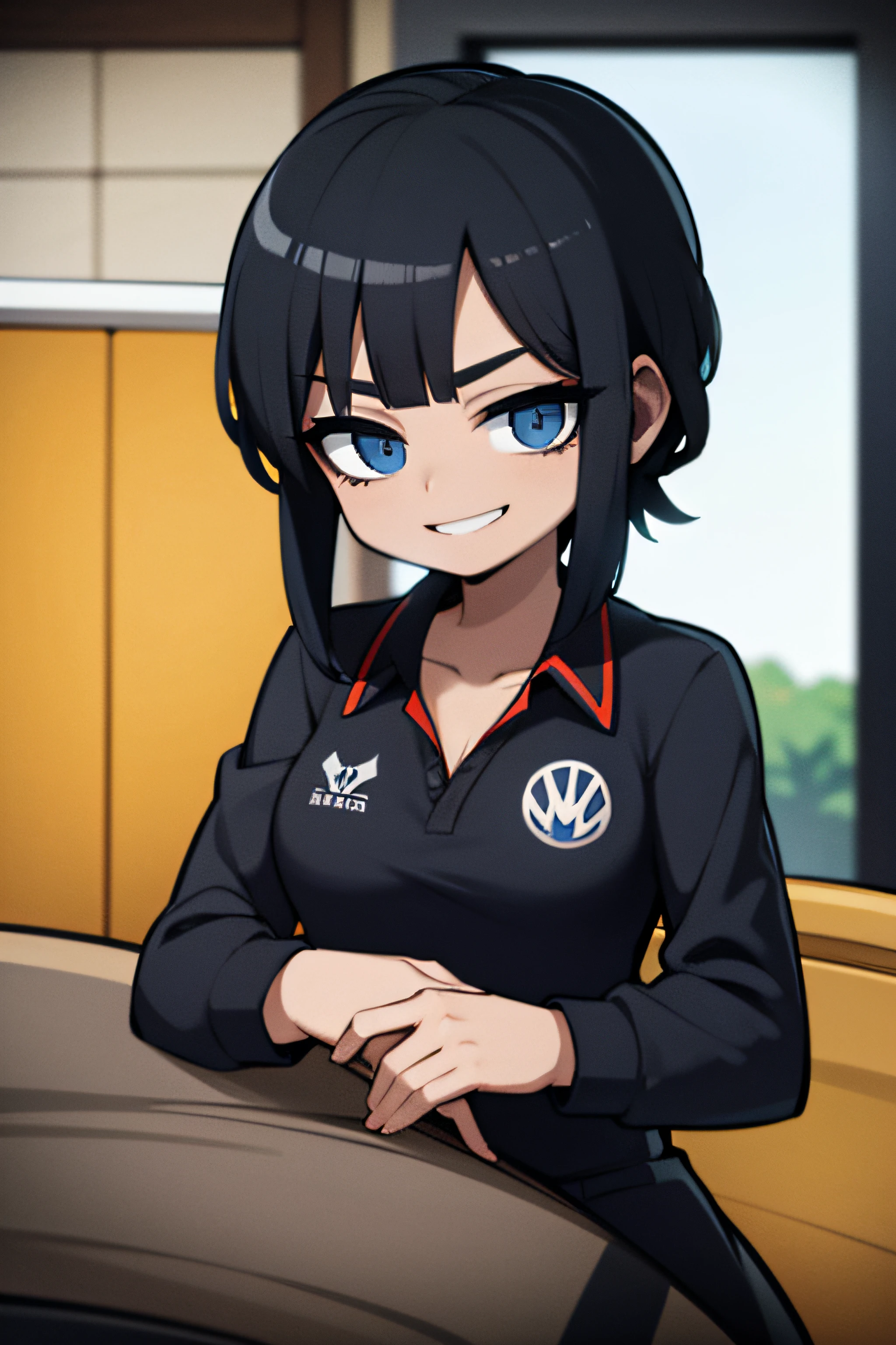 homem de pele preta, com uniforme azul escuro da volkswagen, com um belo sorriso, cabelo curto com um degrade do lado, e com um carro da volkswagen de fundo.