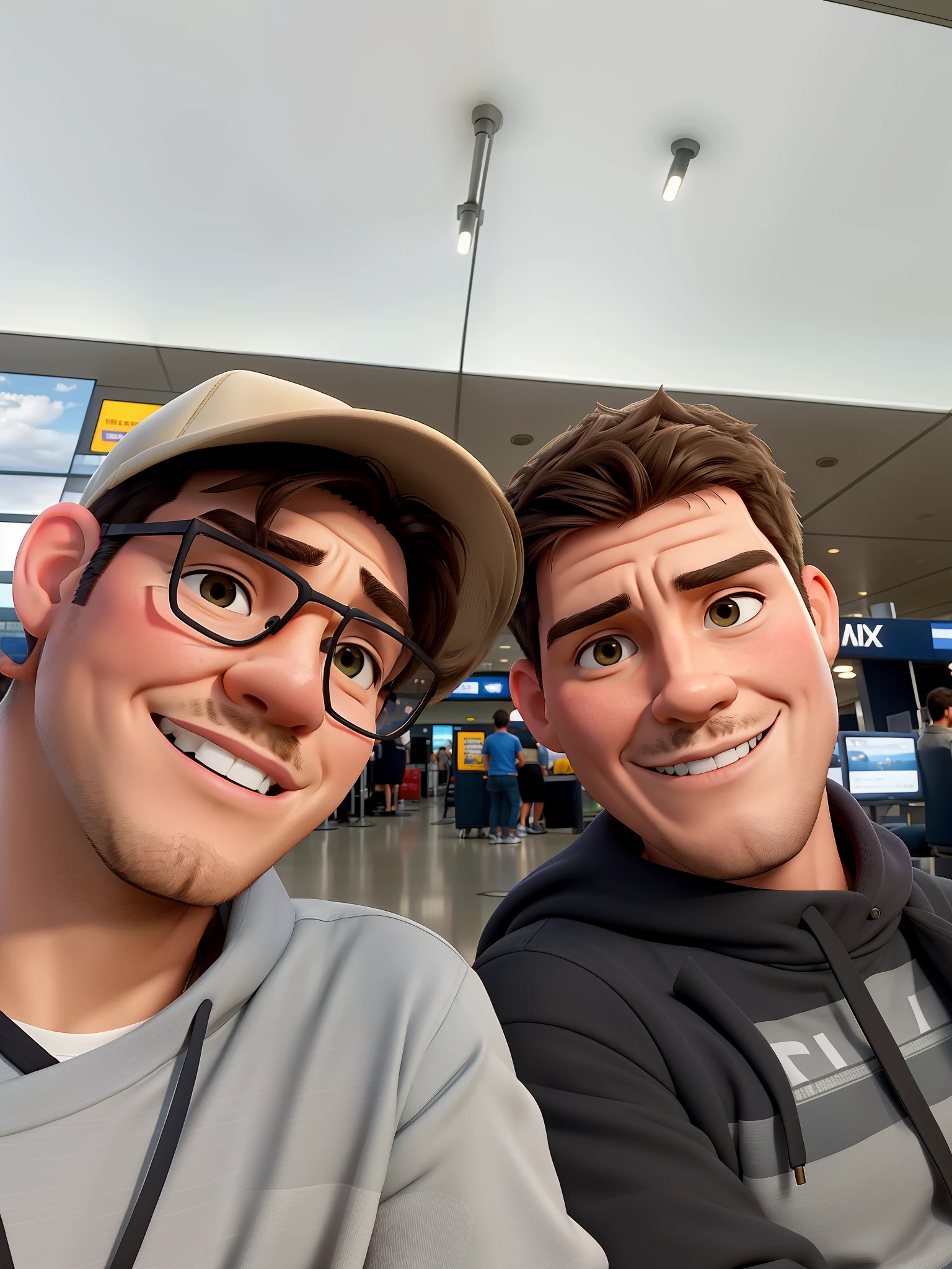 There are two men sitting in an airport terminal taking a selfie, Greg Rutkowski e Makoto Shinka, vacation photo, Greg Rutkowski e Ross Tran, Jason Chan e Gilles Beloeil, Sakimichan e Frank Franzzeta, Greg Rutkowski e Ivan Shishkin, Carlos Huante e Doug Chiang, foto de perfil 1024px
