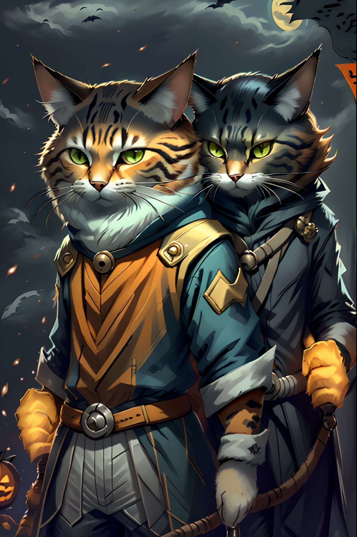 Gato rajado marrom e gato branco e preto fantasiados Halloween