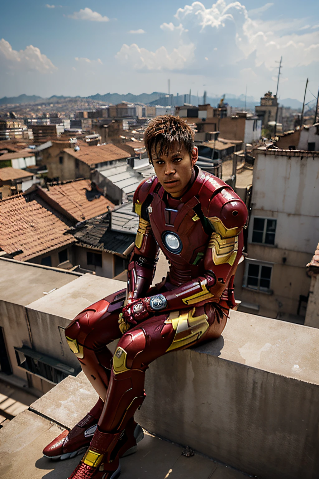 neymar with iron man armor on top of a building