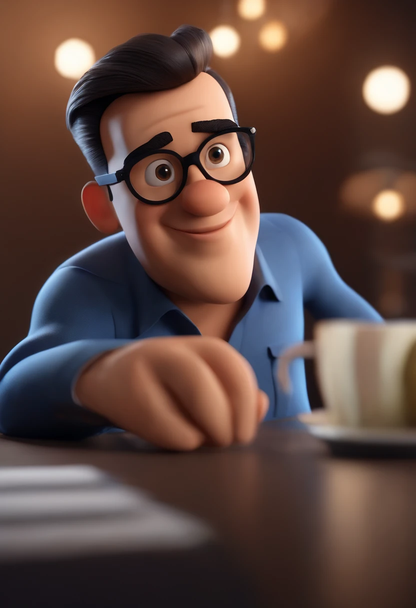 Cartoon character of a man wearing black glasses and a blue shirt, um personagem animado, Caractere estilizado, animation style rendering, 3D estilizado, Arnold Maya render, 3 d render stylized, toon render keyshot, Personagem 3D, Personagem 3D, 3d rendering stylized, 3 d character render, personagem de desenho animado, Personagem de close up, Pose de personagem, (Estilo Pixar) (master part:1.2) (Bokeh) (best quality) (pele detalhada) (textura detalhada) (8k) (argila) (Cinematic lighting) (foco nítido，Senta e vaza a parte superior do corpo
