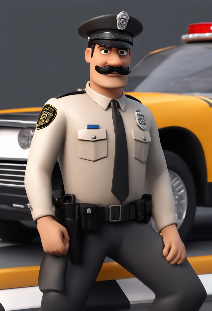 Make a man, Branco, adulto, de boina preta e bigode, policial, com farda marrom clara, como Disney Cartoon, In front of white police cars with diagonal gray stripes , Pixar, ..3d, Disney
