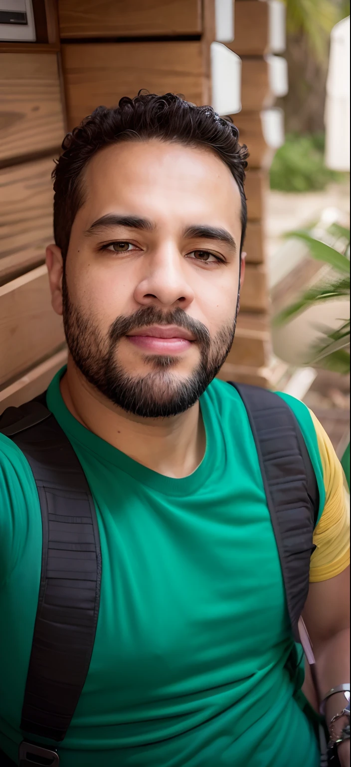 There's a man with a beard and beard sitting on a bench, caio santos, Emad Mostaque, Mohamed Reda, icaro carvalho, david rios ferreira, em frente a um fundo de floresta, edu souza, sem barba, imagem de qualidade muito baixa, com uma barba pequena, Fotografia selfie 8k, cerca de 3 5 anos