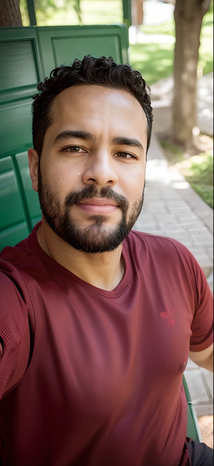 There's a man with a beard and beard sitting on a bench, caio santos, Emad Mostaque, Mohamed Reda, icaro carvalho, david rios ferreira, em frente a um fundo de floresta, edu souza, sem barba, imagem de qualidade muito baixa, com uma barba pequena, Fotografia selfie 8k, cerca de 3 5 anos