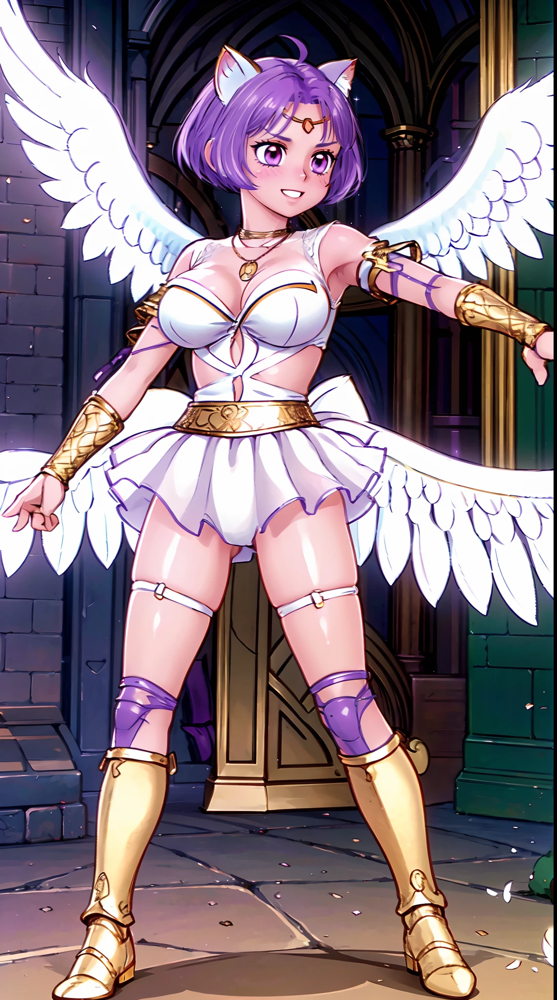cathedral, sunny, sun light, the lights of a sun, lines of light, ambient light, rounded window, mosaic window, flying feathers around, Laura_(vindictus), 1girl, solo, smile, looking at viewer, (eyes half-closed:0.6), short hair, animal ears, cleavage, jewelry, purple eyes, standing, purple hair, cat ears, necklace, facial mark, forehead mark, feathered wings, armlet, angel wings, angel, bracer, prays, , arms crossed (masterpiece,highres,beautiful, realistic,extremely detailed face,best quality:1.2), (shiny skin), blurry,, full body, boots,s,holding snek staff, long skirt,Daoist_Robe, bimbo, curvy, bigbreast ,full body, body suit, armor, drop shadow, anaglyph, stereogram, tachi-e, pov, atmospheric perspective, 8k, super detail, ccurate, best quality, UHD, retina, masterpiece, ccurate, anatomically correct, textured skin, super detail, high details, high quality, award winning, best quality, highres, 1080P, HD,medieval armor,Medieval Style Armor Suit