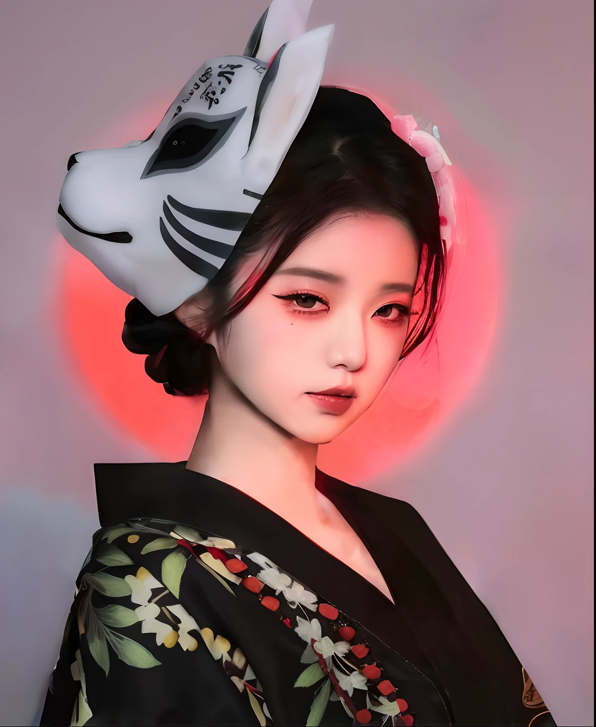 Arafed woman wearing a cat mask with a red light behind her, kitsune mask on head, Con Kitsune Mask, kitsune mask, wearing a kitsune mask, Una hermosa mujer Kitsune, Geisha cyberpunk, Geisha Mask, Amaterasu, Maquillaje Kabuki, inspired by Itō Shinsui, Retrato de Onmyoji, Kitsune