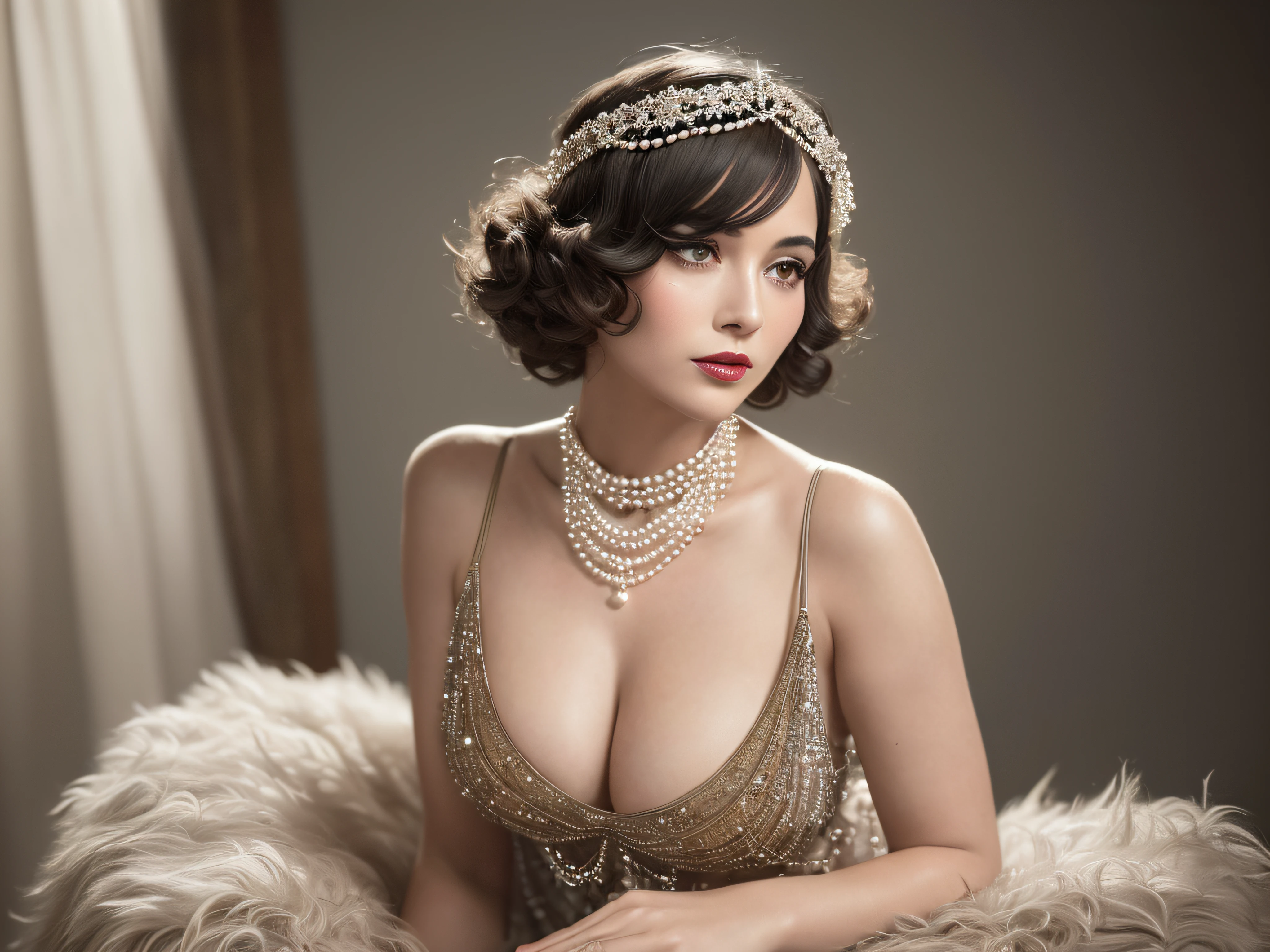 (best quality,4k,8k,highres,masterpiece:1.2),ultra-detailed,(realistic,photorealistic,photo-realistic:1.37),vintage portrait,1920s black-and-white photography,classic Hollywood,old Hollywood glamour,flawless beauty,dramatic lighting,serene expression,charming smile,mischievous eyes,timeless elegance,vintage fashion,ornate accessories,fringed flapper dress,sparkling headband,pearl necklace,red lipstick,smoky eyes,voluminous curls,luxurious fur stole,delicate lace gloves,golden age of cinema,retro charm,hidden stories,unforgettable star,popular icon,extraordinary talent,admired by millions,fascinating aura,exclusive glimpse,hidden vulnerability,unique composition,sharp focus