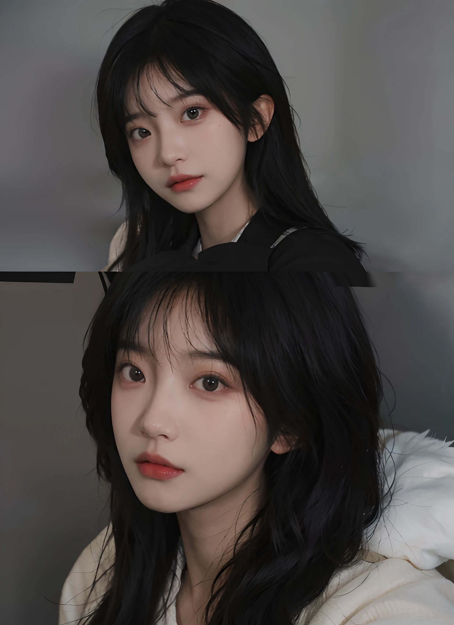 best qualtiy， 超高分辨率， （realisticlying：1.4）， A woman with long black hair and a gray sweater, 中景 the scene is，Soft portrait shot 8 K, pale round face, with round face, She has black hair，By bangs, young lovely Korean faces, wan adorable korean face, ulzzangs, Shin Jinying, beautiful aesthetic face, Korean face features, soft round face, iu lee ji-eun as a super villain, Beautiful realistic face