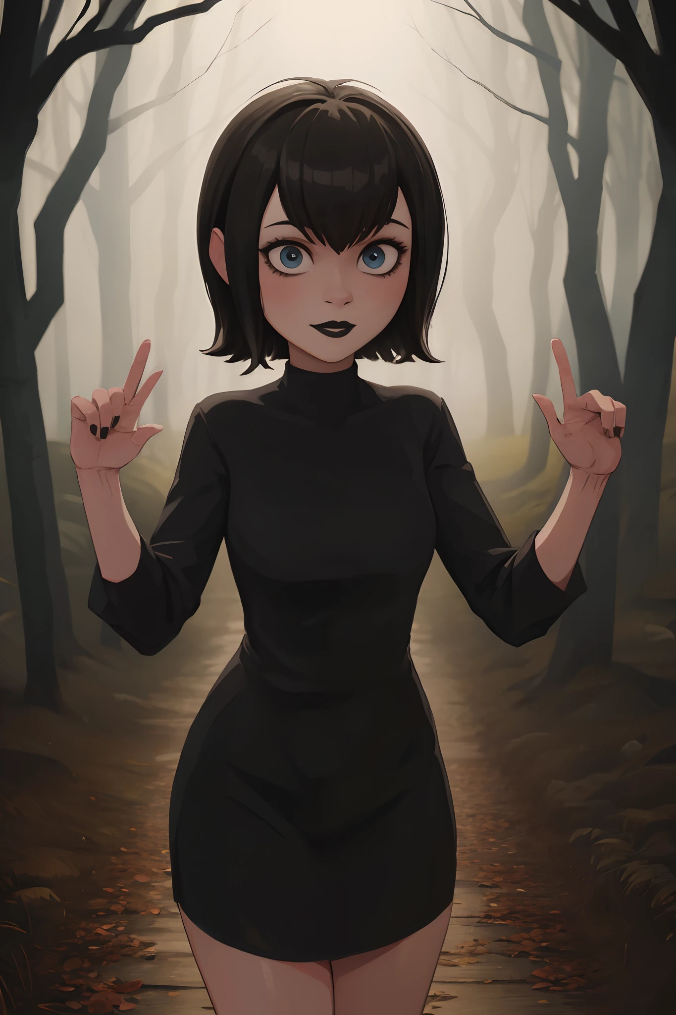 Mavis, head, standing in woods, black lipstick, cute