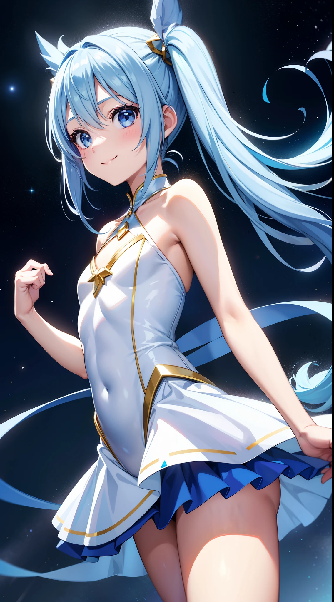 Super Idol girl A charming smile sky blue hair length hair Twin-tailed Glittering white, blue and yellow leotards facing front Mystical Fantasia constellation a moon Crystal Brilliance Aurora Borealis in the Night Sky