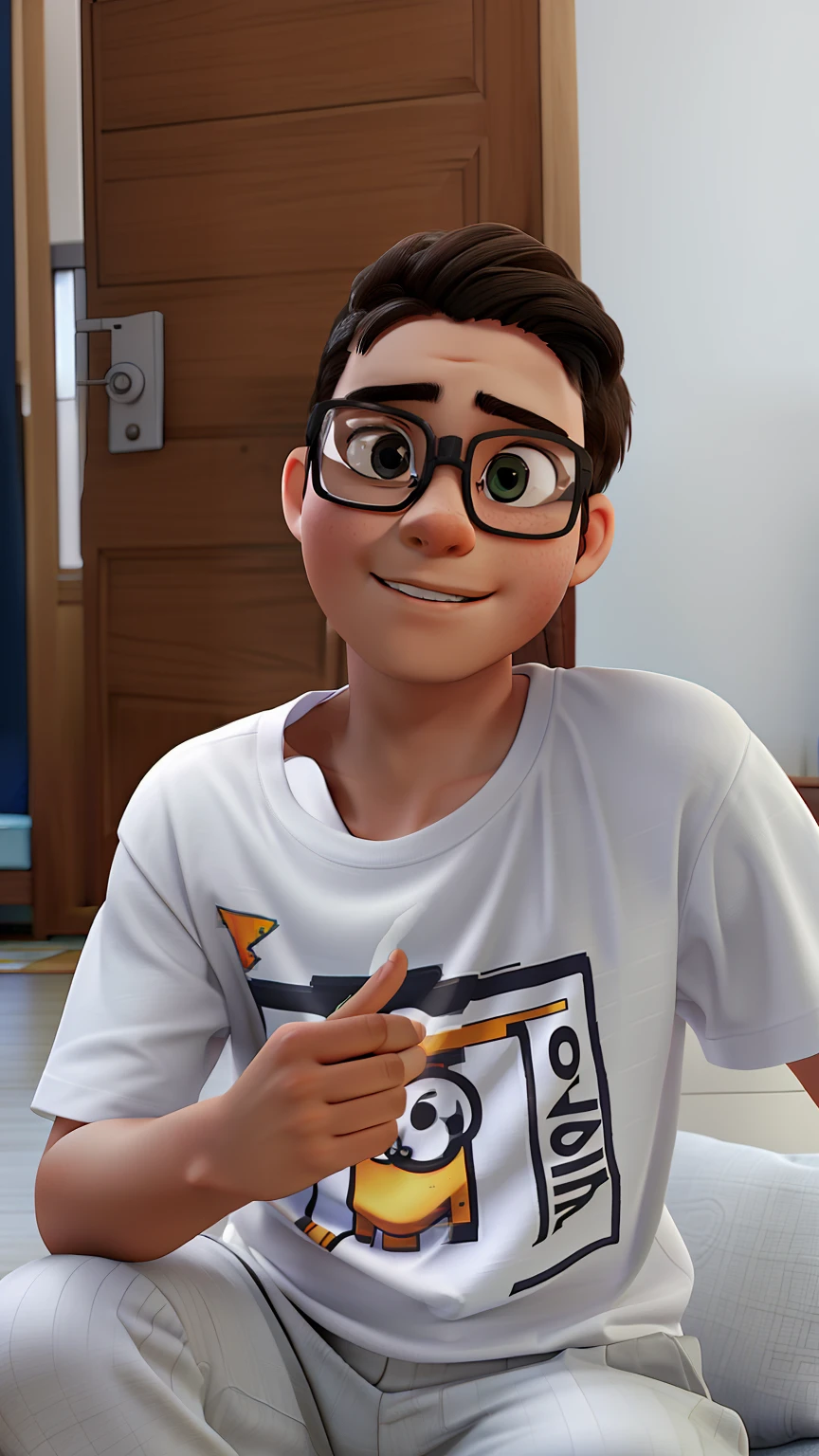 A geeky 11-year-old wearing glasses and white t-shirt with video game print, Sitting on the sofa in the living room against the backdrop of a door.